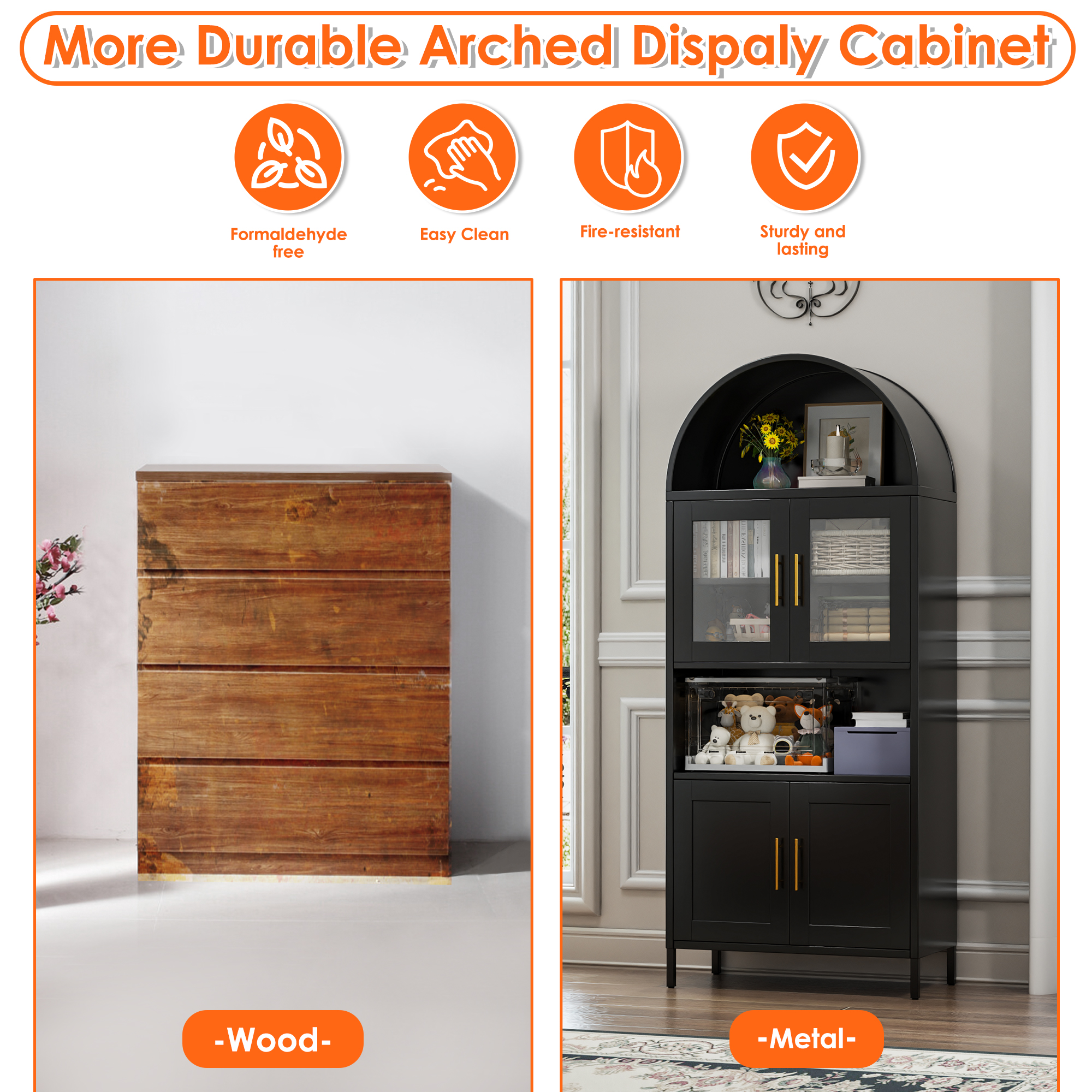 Metal Arched Cabinet with 2 Glass Doors and 2 Metal Doors,Assembly Required,Black