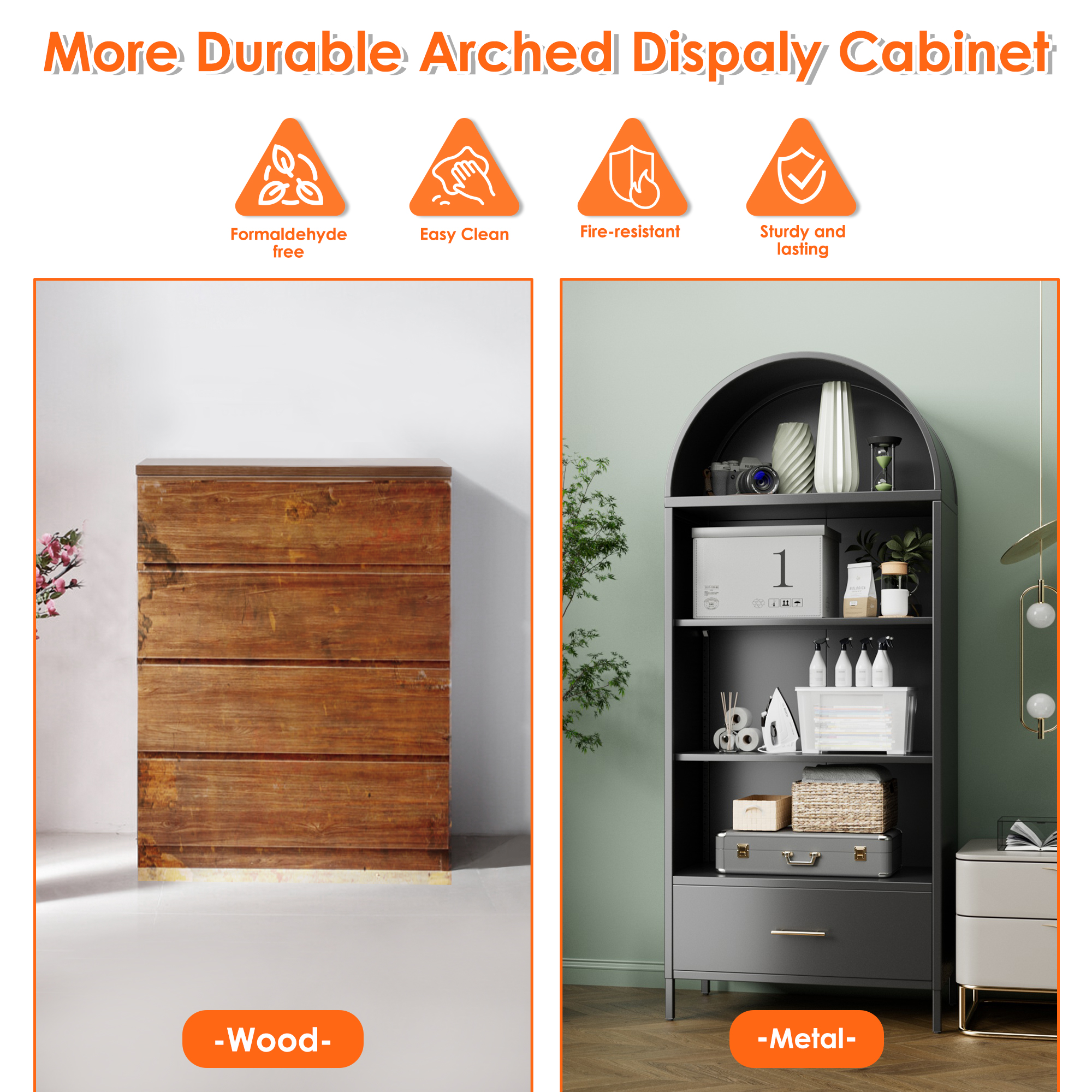 Black Metal Display Arched Cabinet with Drawer, Assembly Required,Black