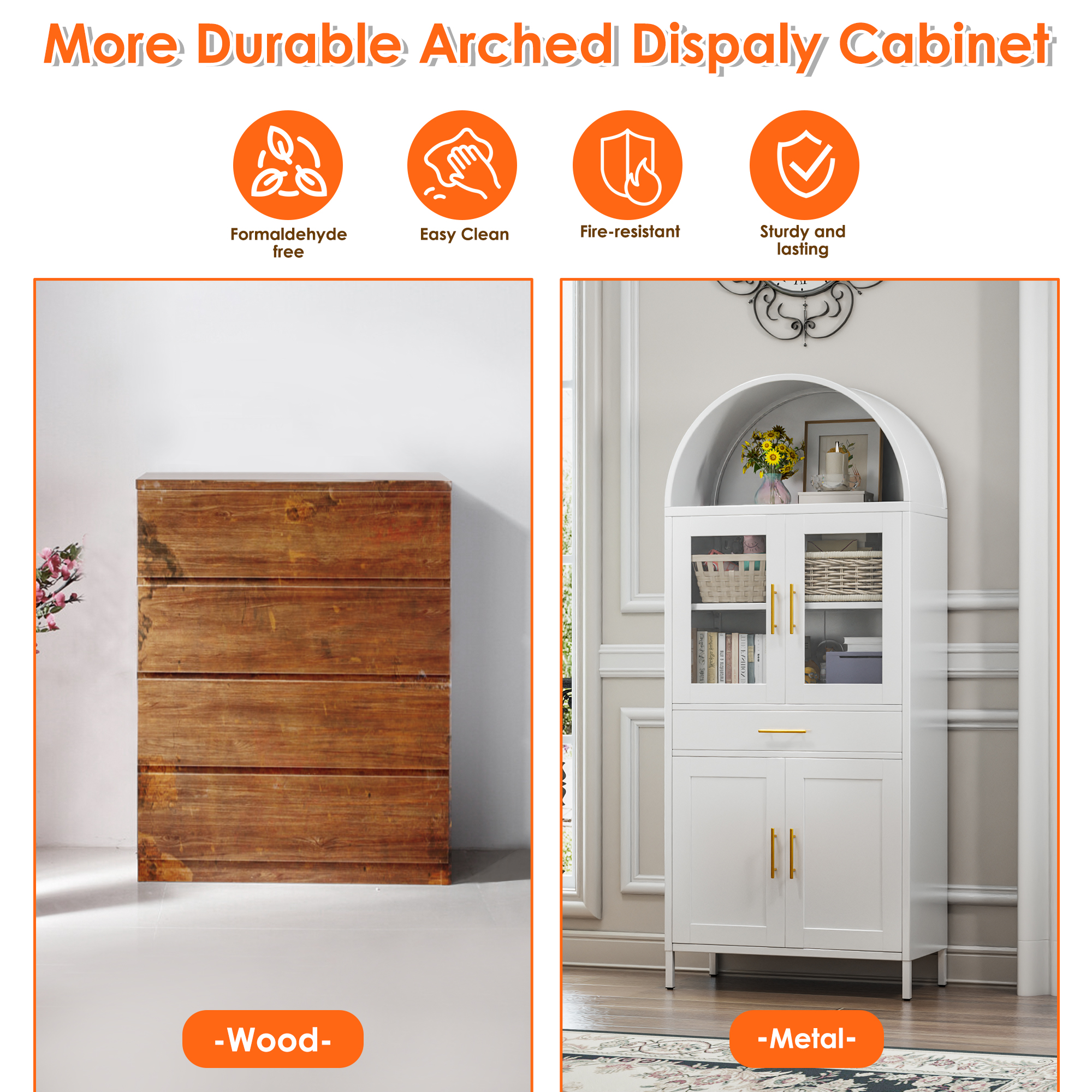 Aobabo 73'' H Metal Arched Storage Display Cabinet with Drawer,  