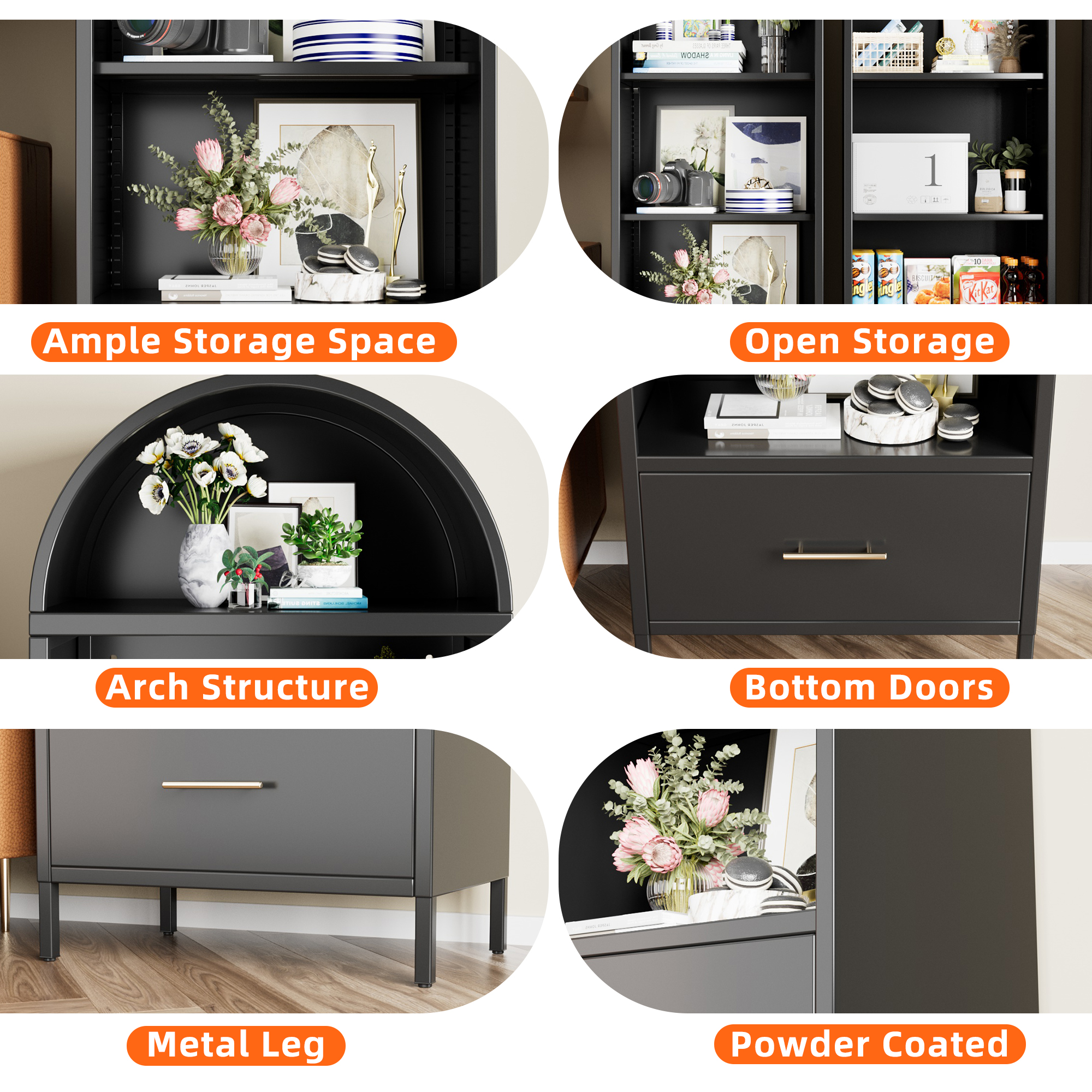 Black Metal Display Arched Cabinet with Drawer, Assembly Required,Black