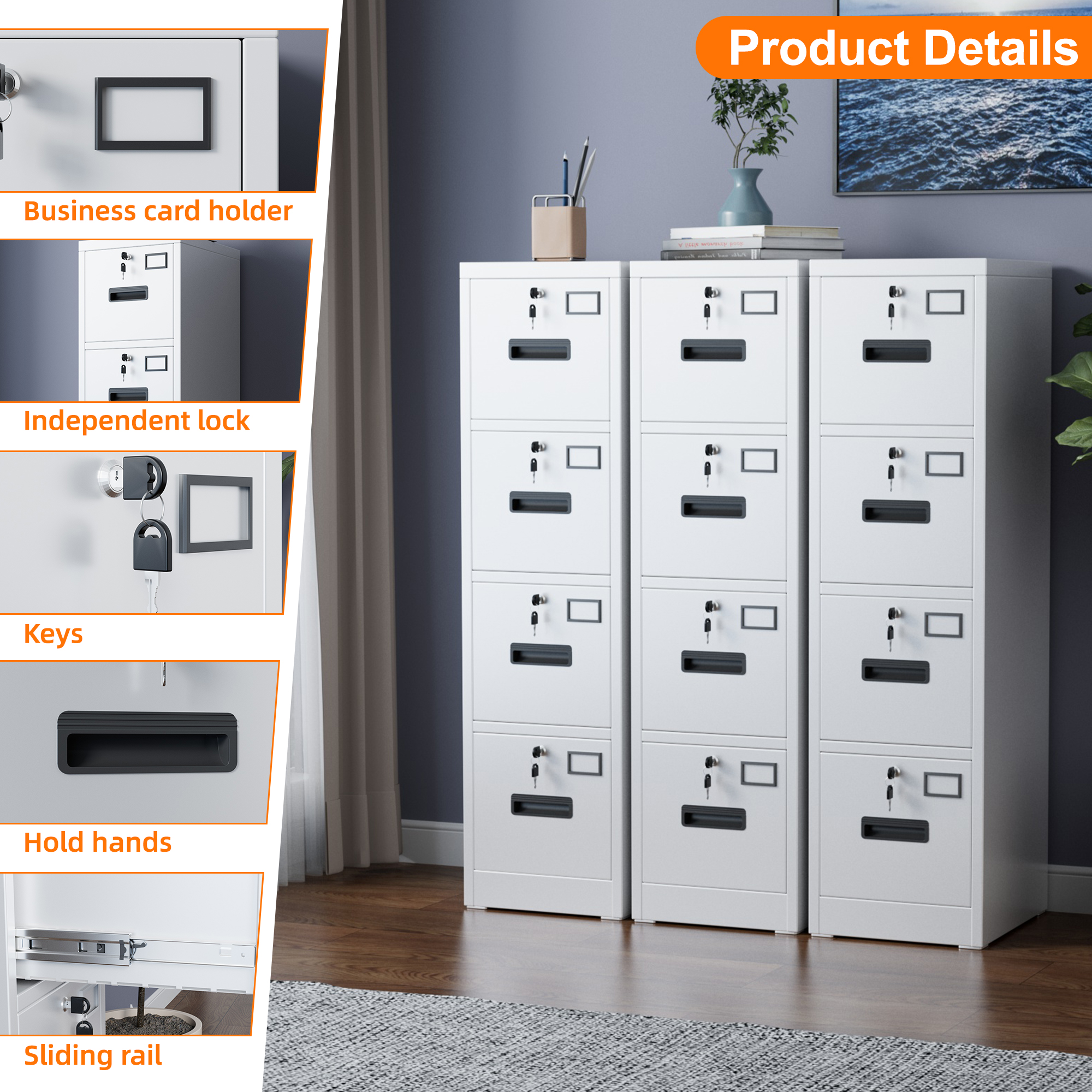 Vertical File Cabinet with 4 Drawers,14.97"D x 17.72"W x 55.2"H,Assembly Required,White,