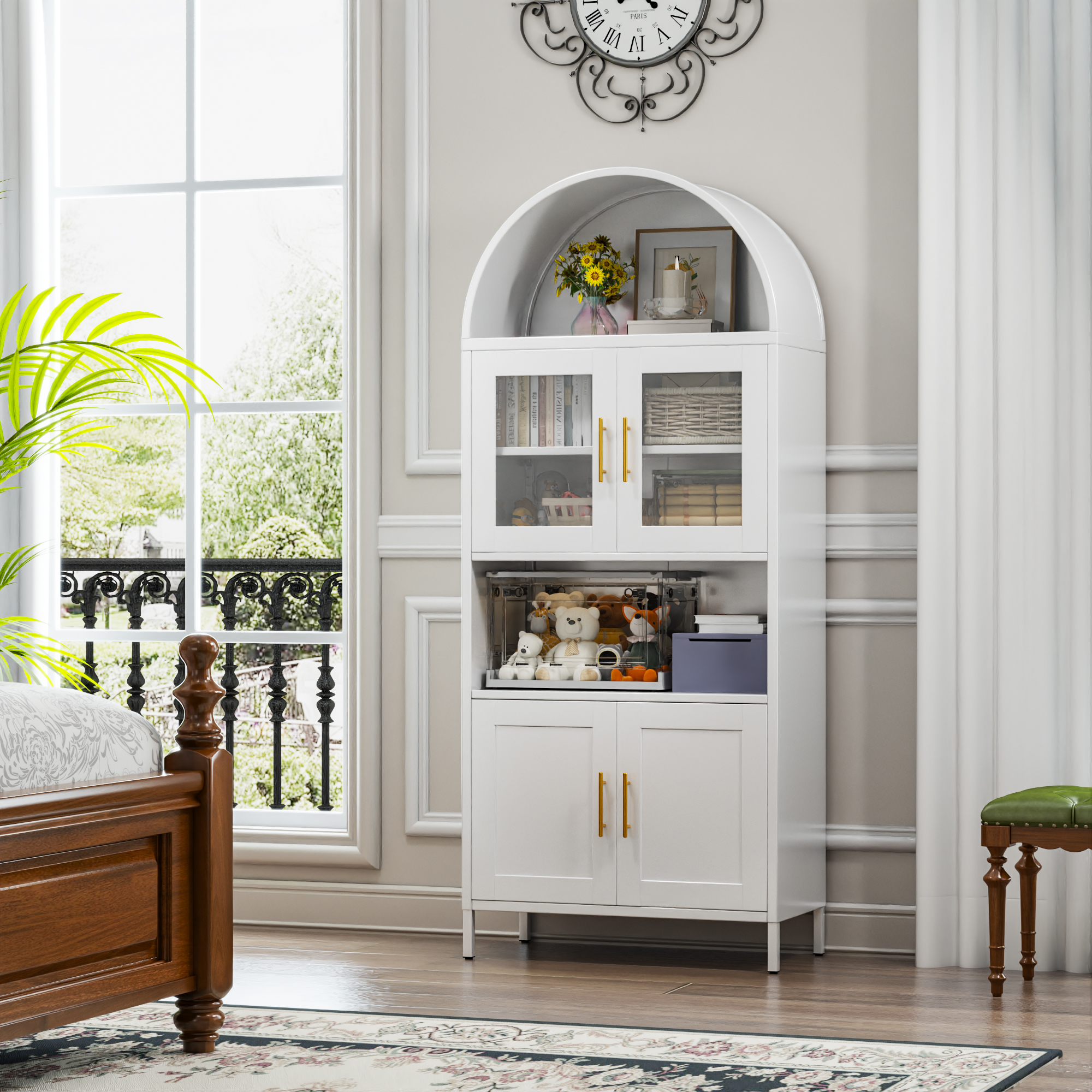 Metal Arched Cabinet with 2 Glass Doors and 2 Metal Doors,Assembly Required,White
