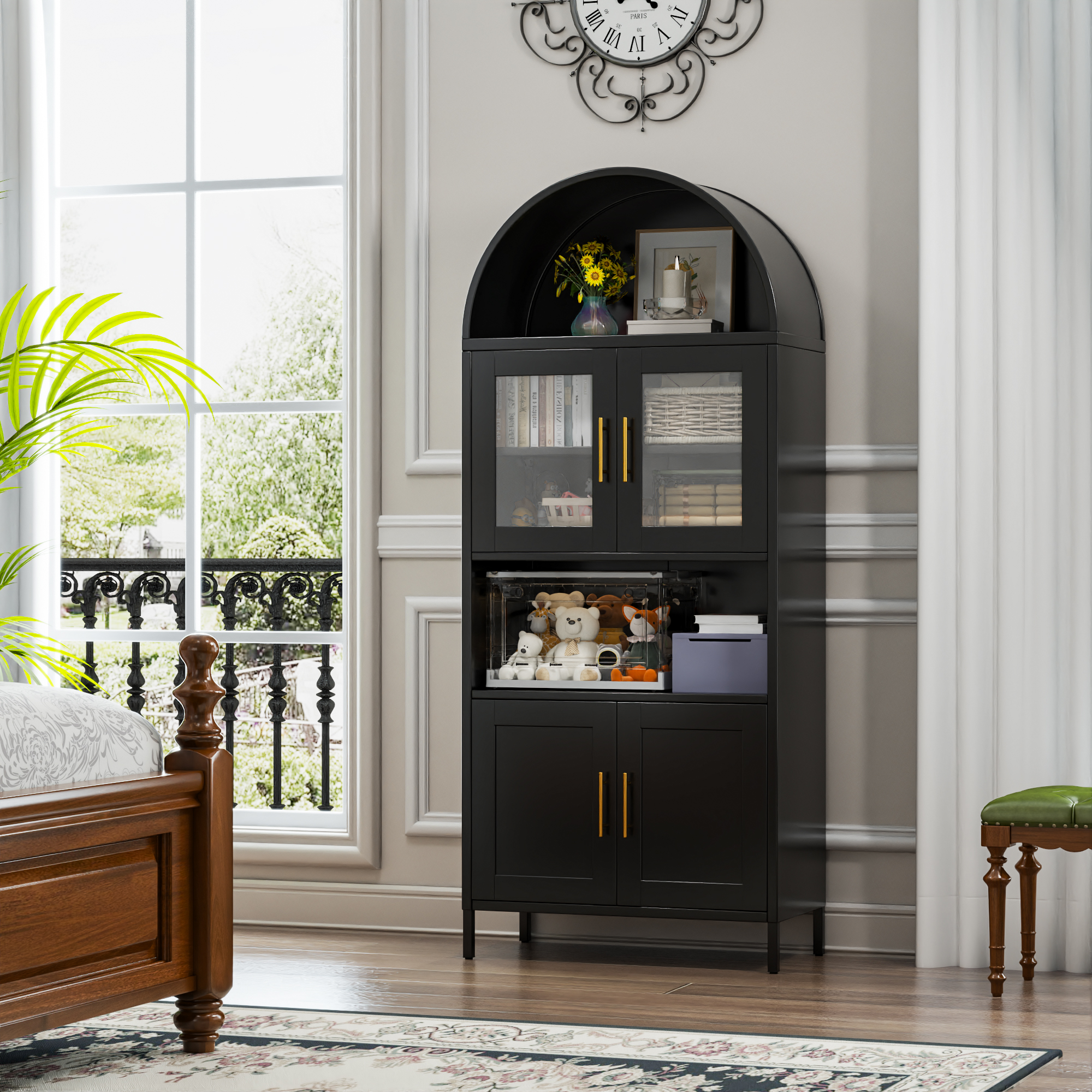Metal Arched Cabinet with 2 Glass Doors and 2 Metal Doors,Assembly Required,Black