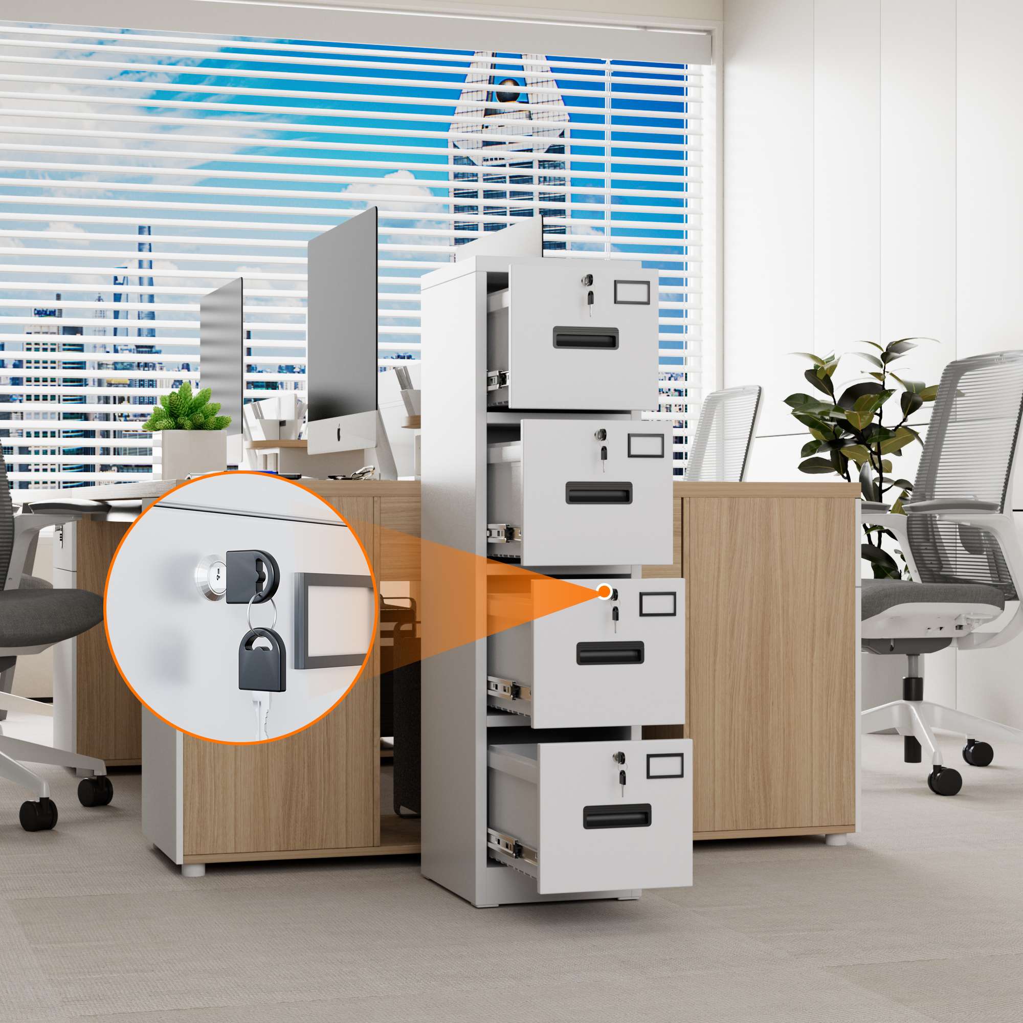 Vertical File Cabinet with 4 Drawers,14.97"D x 17.72"W x 55.2"H,Assembly Required,White,