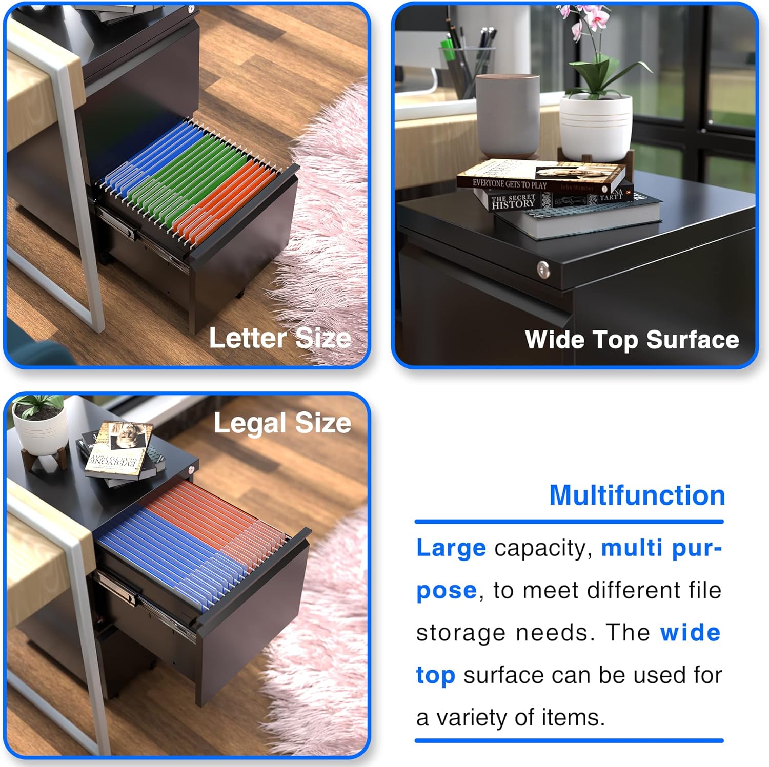 Mobile File Cabinet, 14.96 Inches Wide 2 Drawer Black 