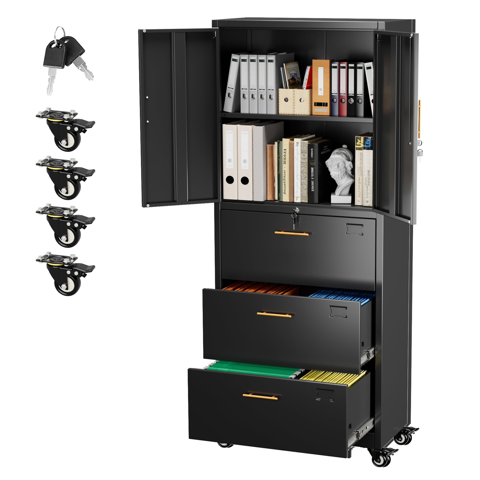 Metal 3 Drawers Lateral File Storage Cabinet and Unit Adjustable Shelf Organizer, Steel Files Cabinet with Wheels, 2 Door ,Black