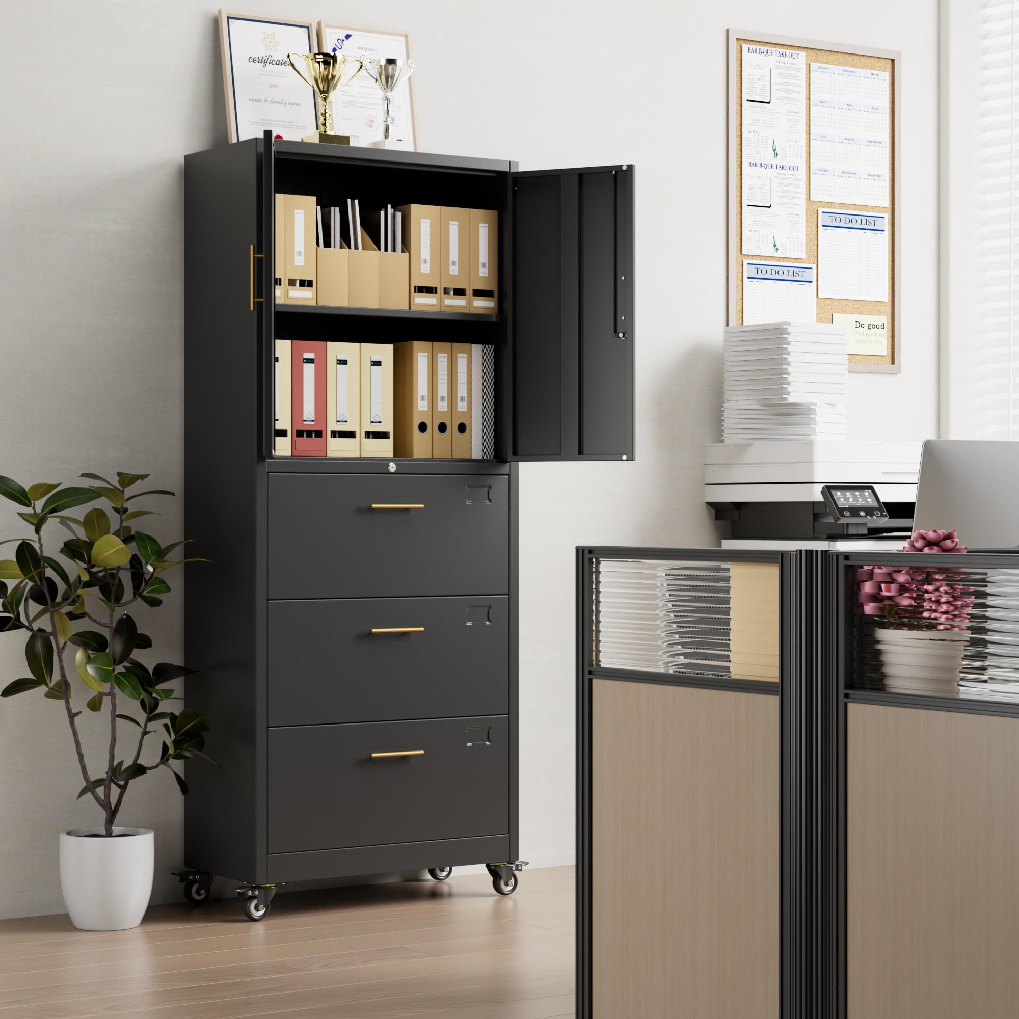 Metal 3 Drawers Lateral File Storage Cabinet and Unit Adjustable Shelf Organizer, Steel Files Cabinet with Wheels, 2 Door ,Black