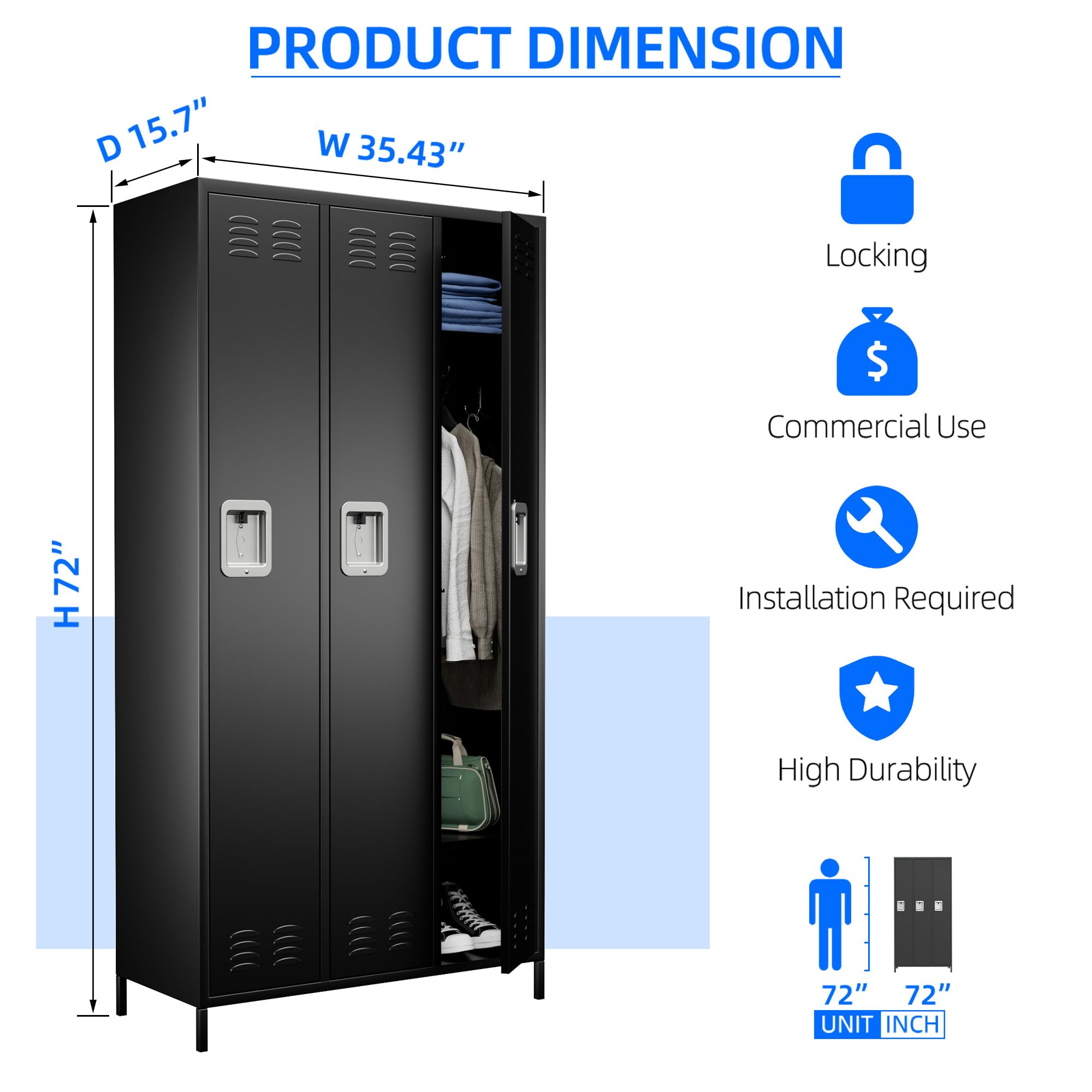 AOBABO metal storage locker (3 Door-Black)