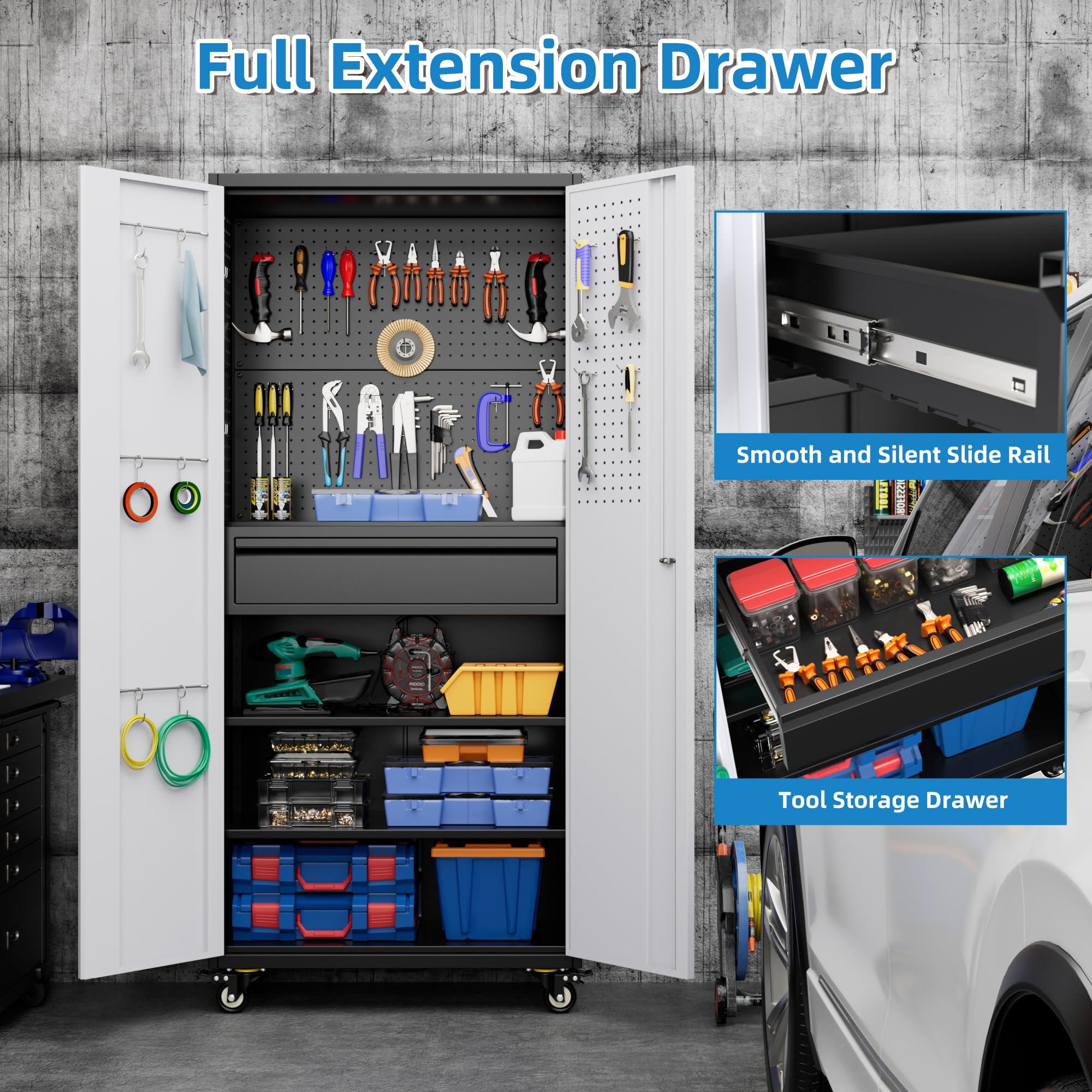 Aobabo 71"H Metal Storage Cabinet with Wheels with 5 Pegboards and 1 Drawer,Assembly Required,Black and Gray