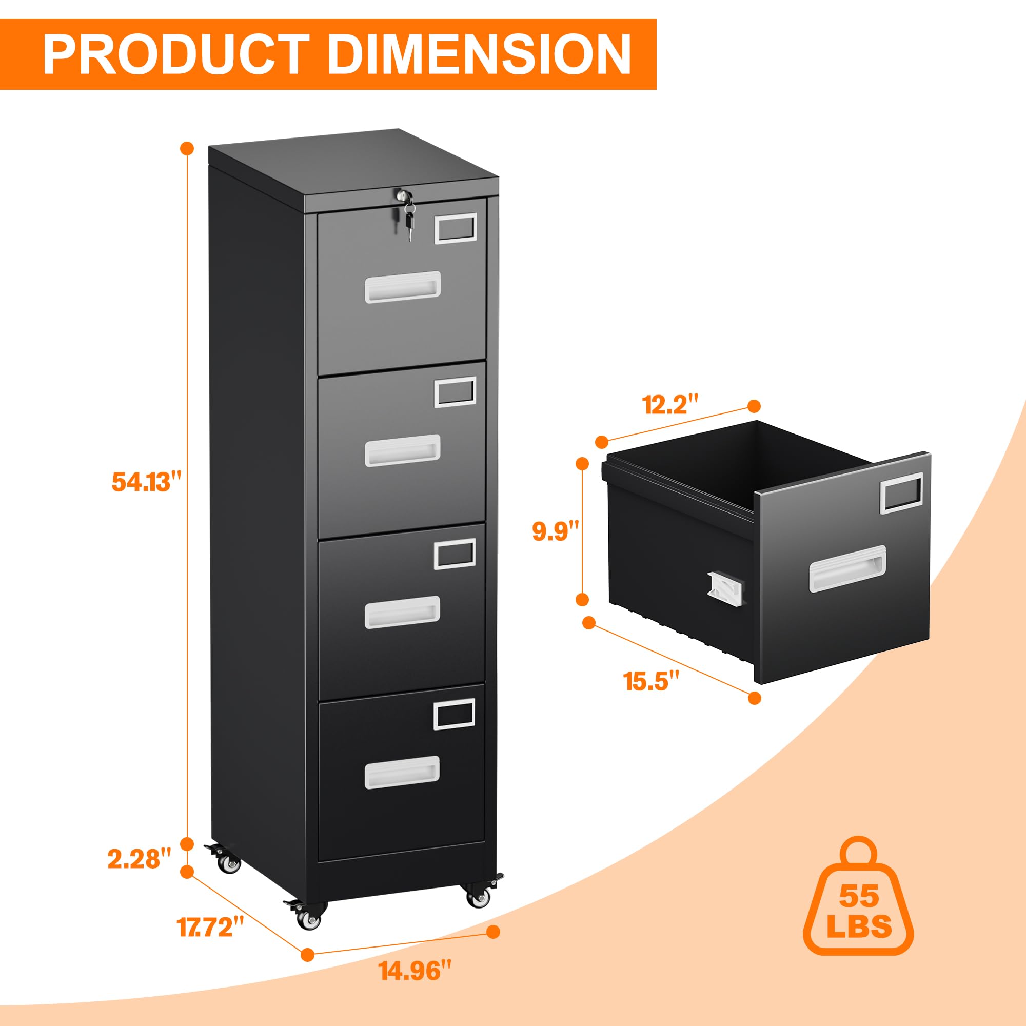 Aobabo 4 Drawer File Cabinet with Wheels，Required Assembly,Black