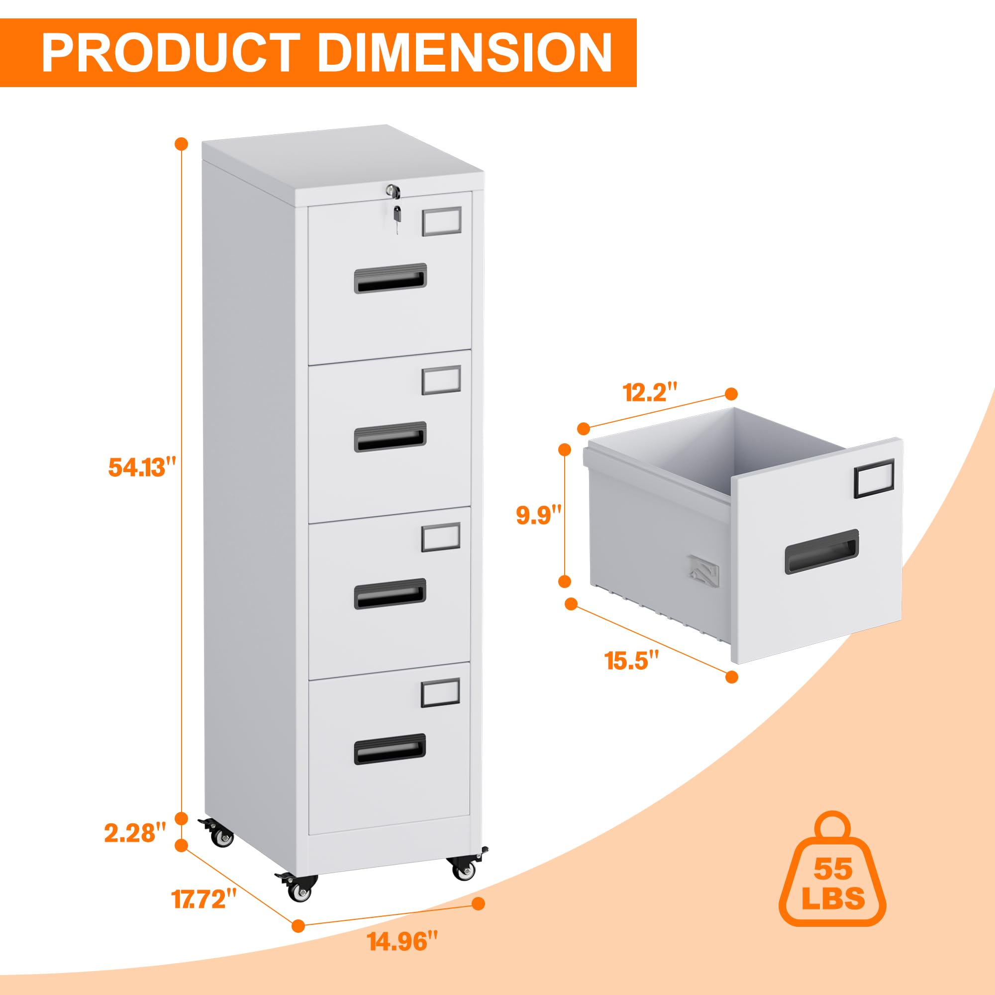 Aobabo 4 Drawer File Cabinet with Wheels,Required Assembly,White