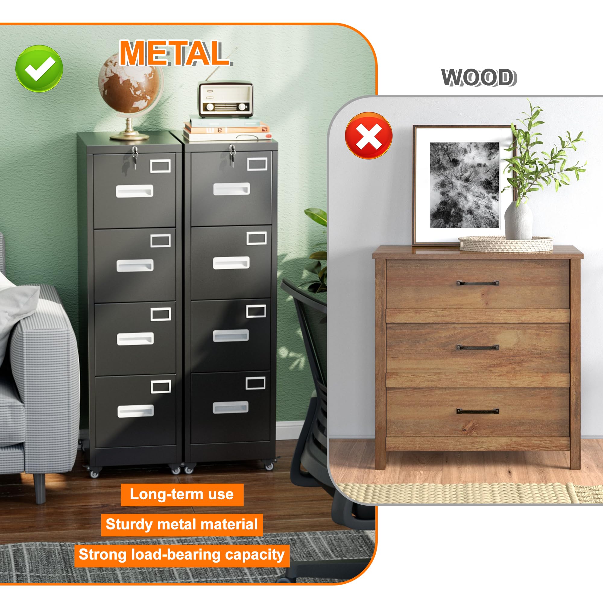 Aobabo 4 Drawer File Cabinet with Wheels，Required Assembly,Black