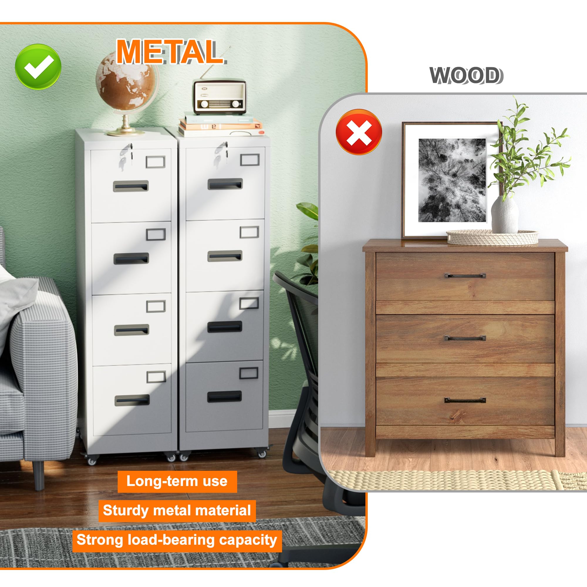 Aobabo 4 Drawer File Cabinet with Wheels,Required Assembly,White