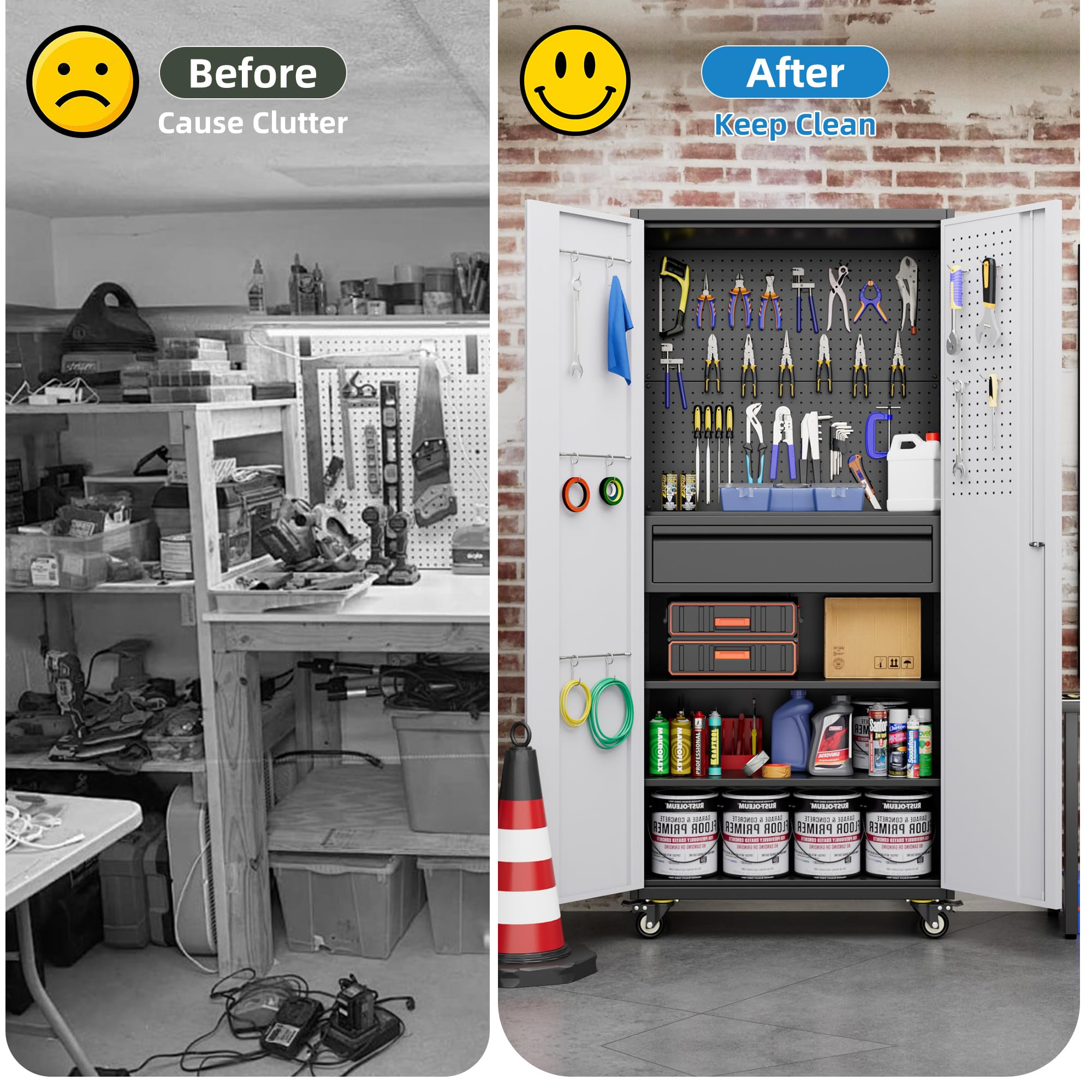 Aobabo 71"H Metal Storage Cabinet with Wheels with 5 Pegboards and 1 Drawer,Assembly Required,Black and Gray