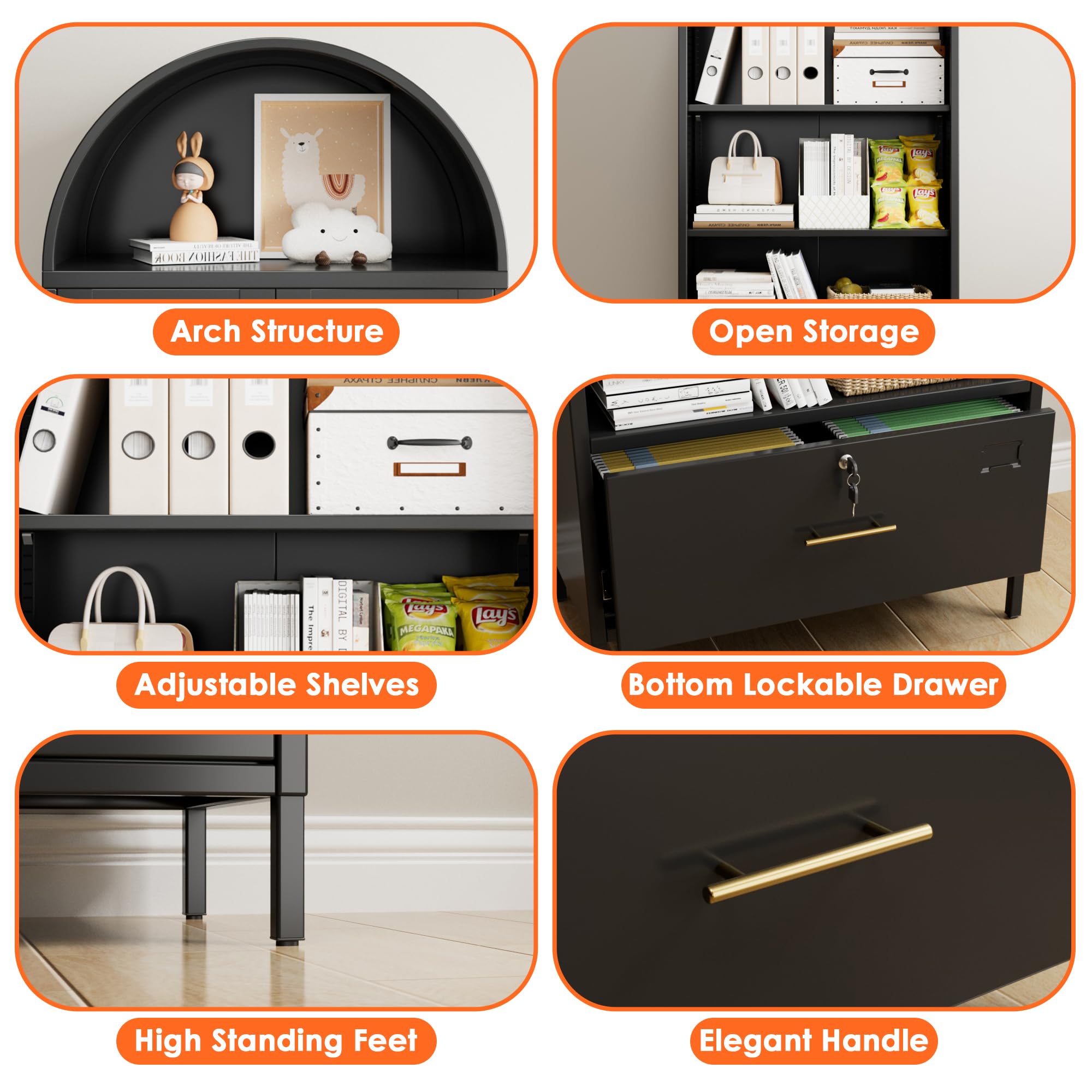 Metal Arched Storage Display Bookcase Cabinet