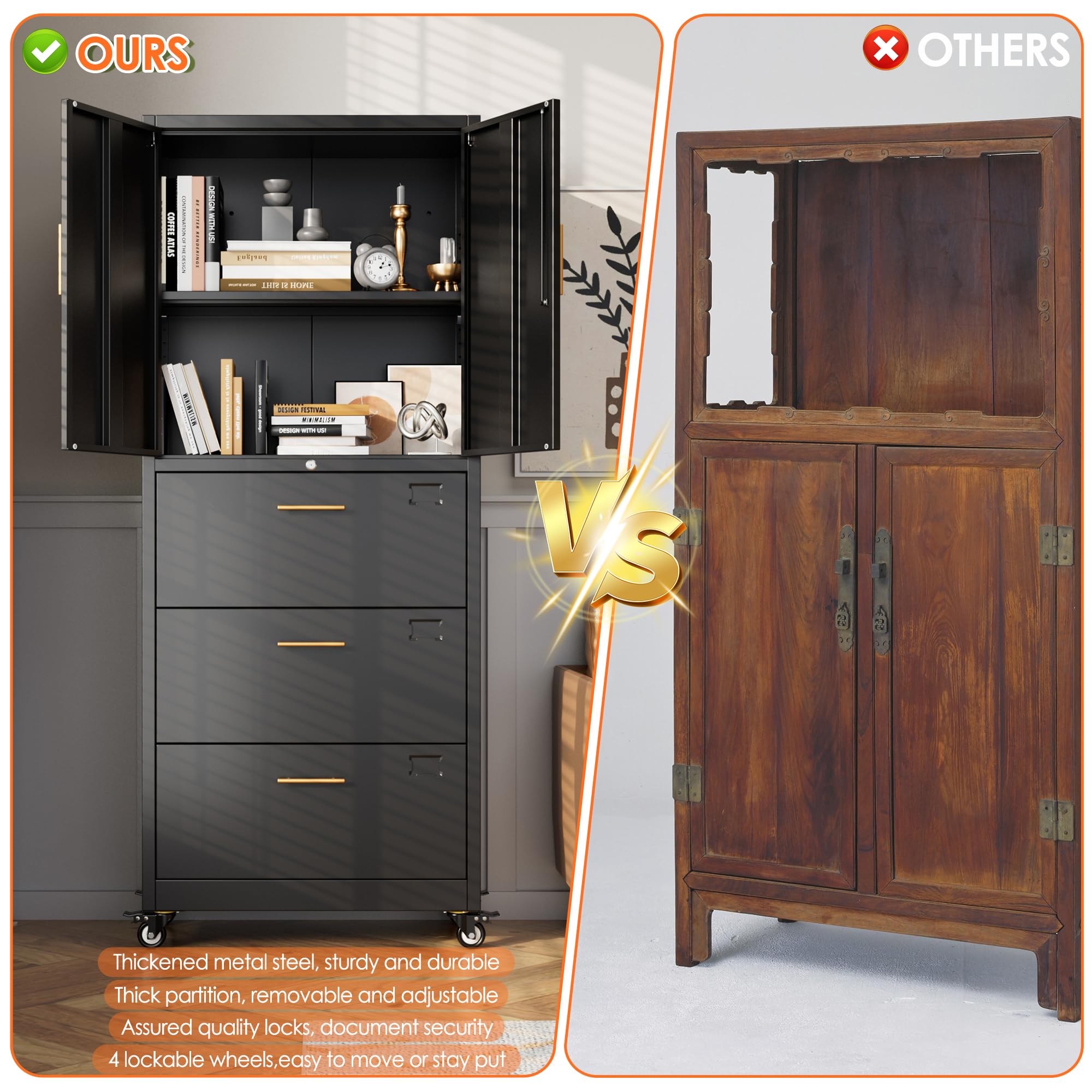 Metal 3 Drawers Lateral File Storage Cabinet and Unit Adjustable Shelf Organizer, Steel Files Cabinet with Wheels, 2 Door ,Black