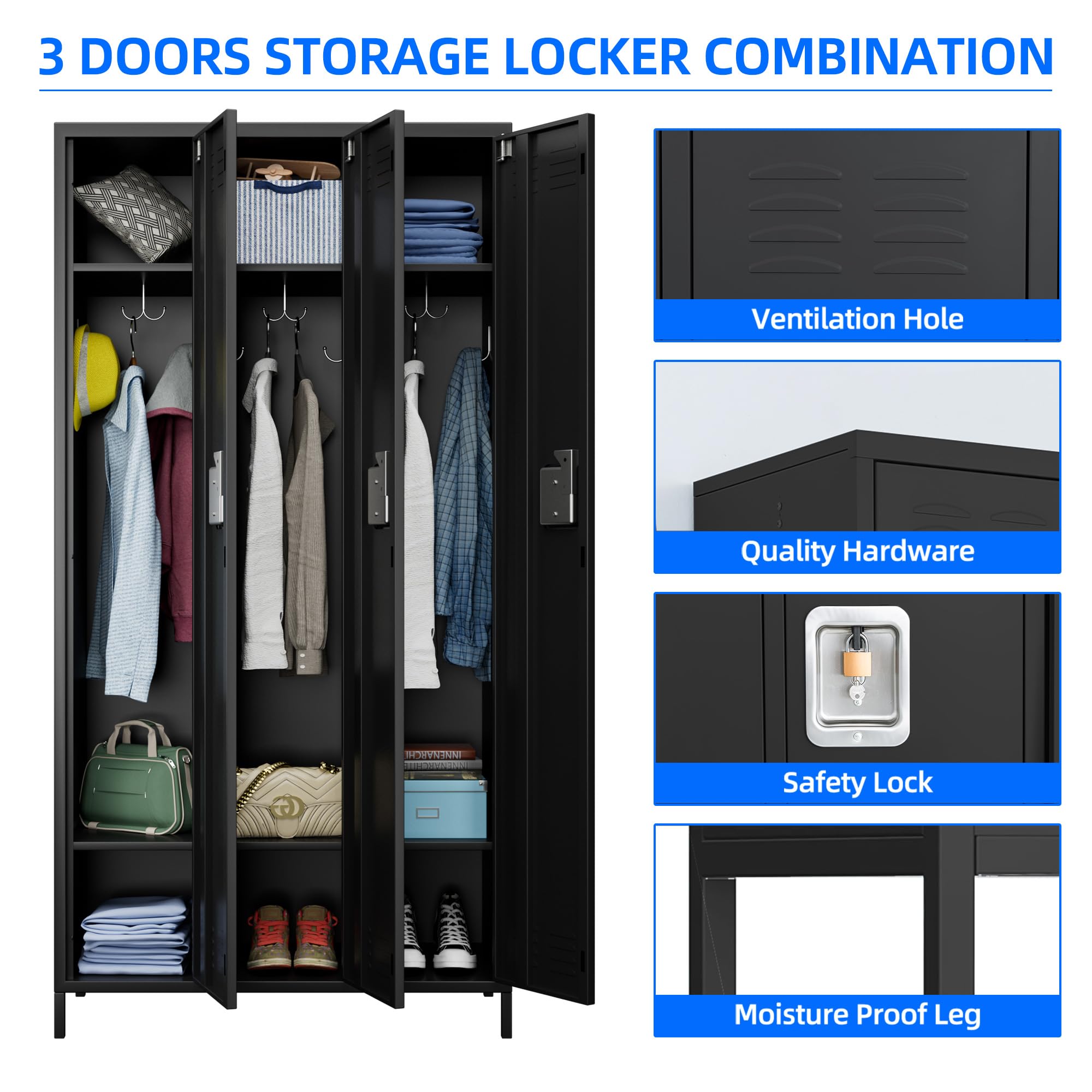 AOBABO metal storage locker (3 Door-Black)