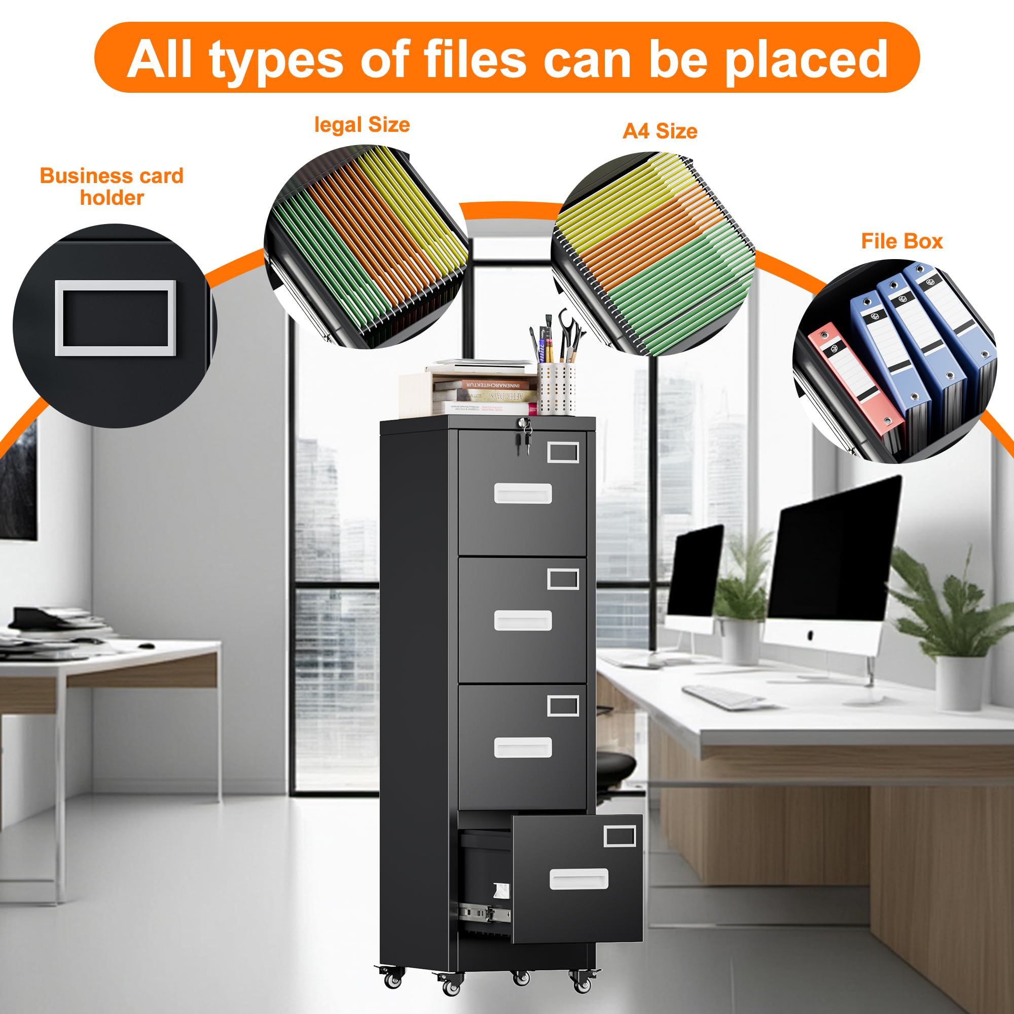 Aobabo 4 Drawer File Cabinet with Wheels，Required Assembly,Black