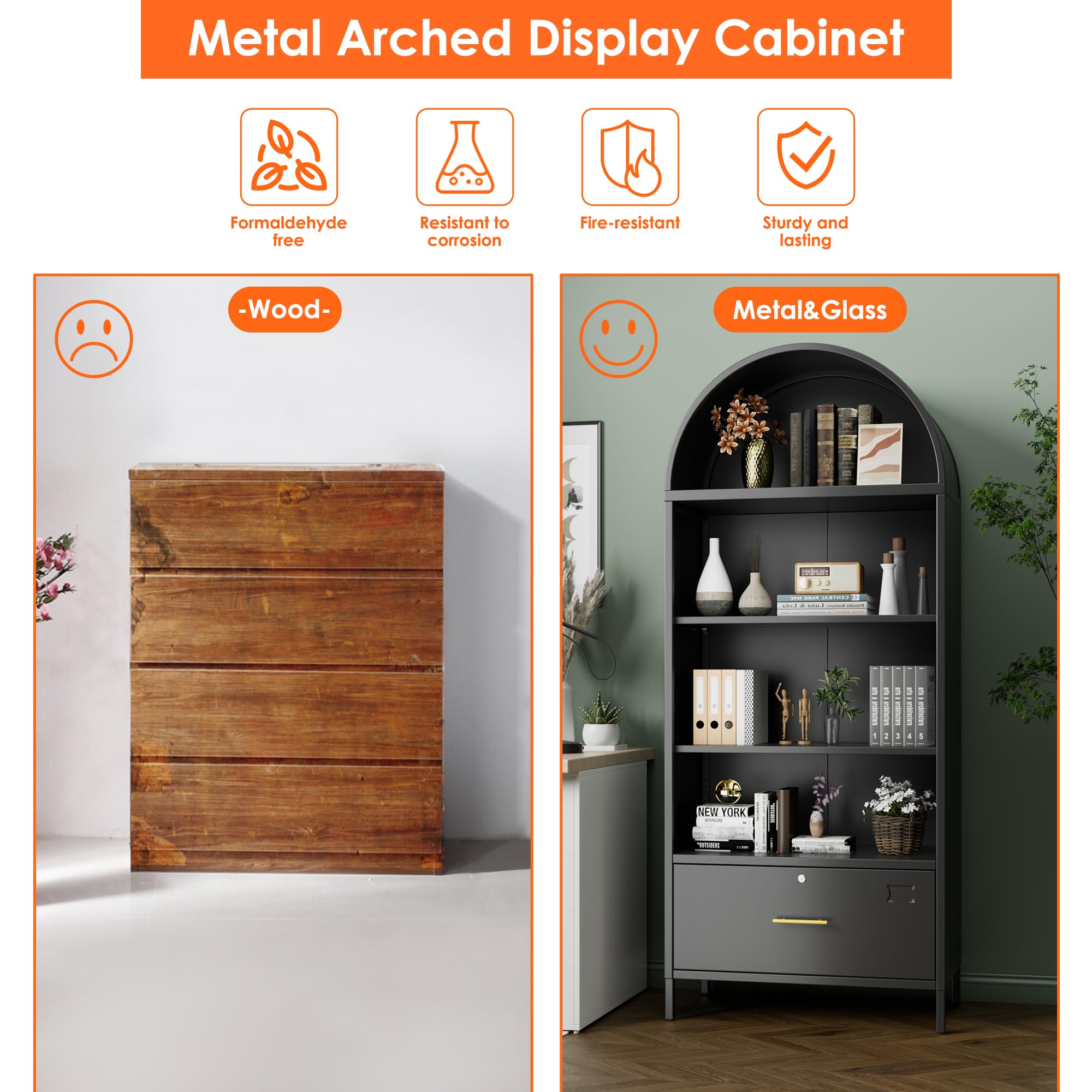 Metal Arched Storage Display Bookcase Cabinet