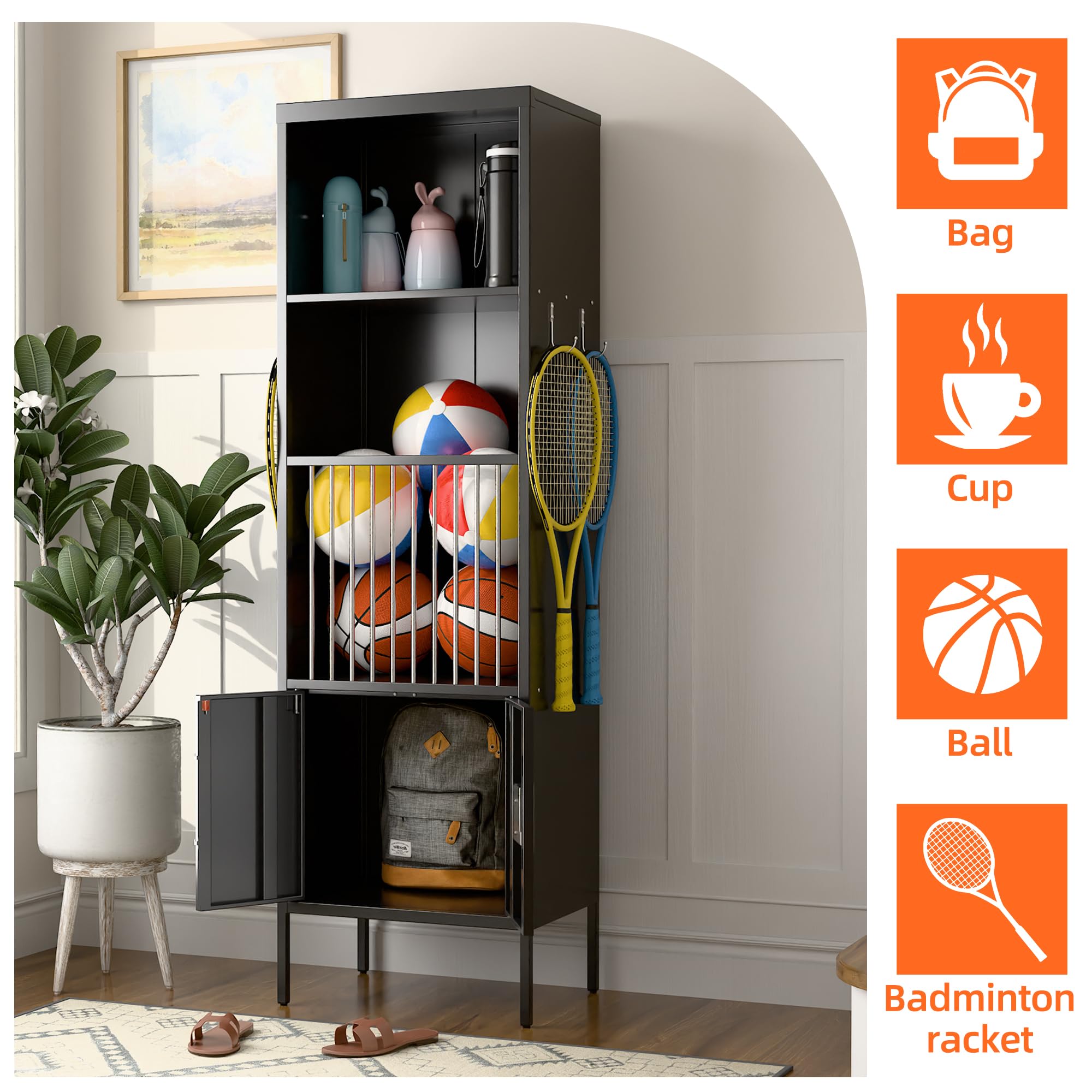 Sports Equipment Storage Lockerwith Lock Door and Hooks