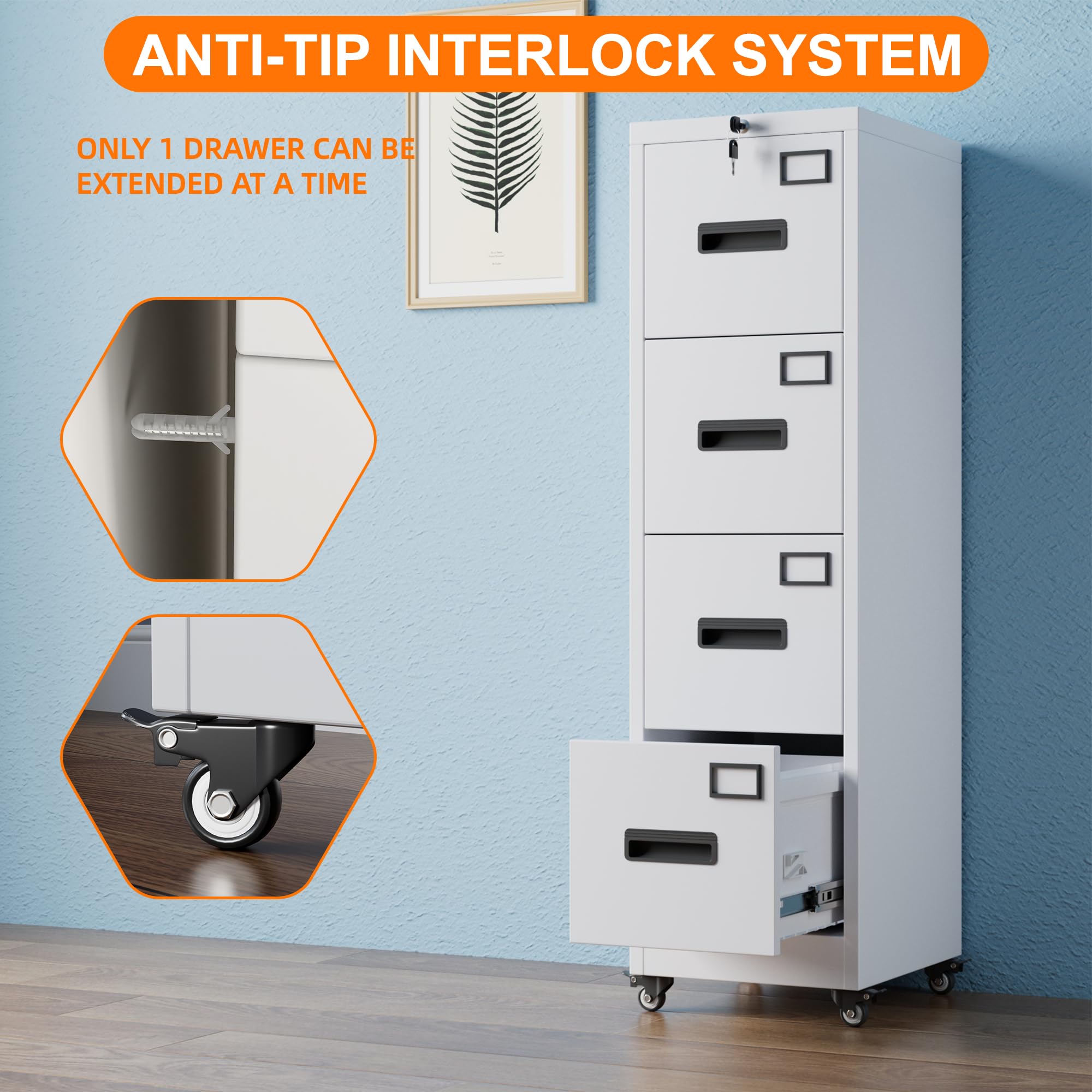 Aobabo 4 Drawer File Cabinet with Wheels,Required Assembly,White