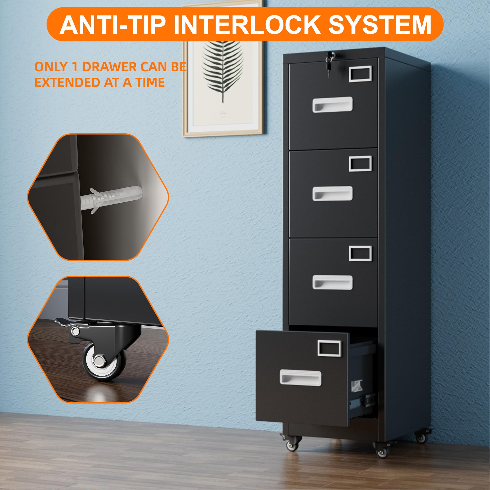 Aobabo 4 Drawer File Cabinet with Wheels，Required Assembly,Black