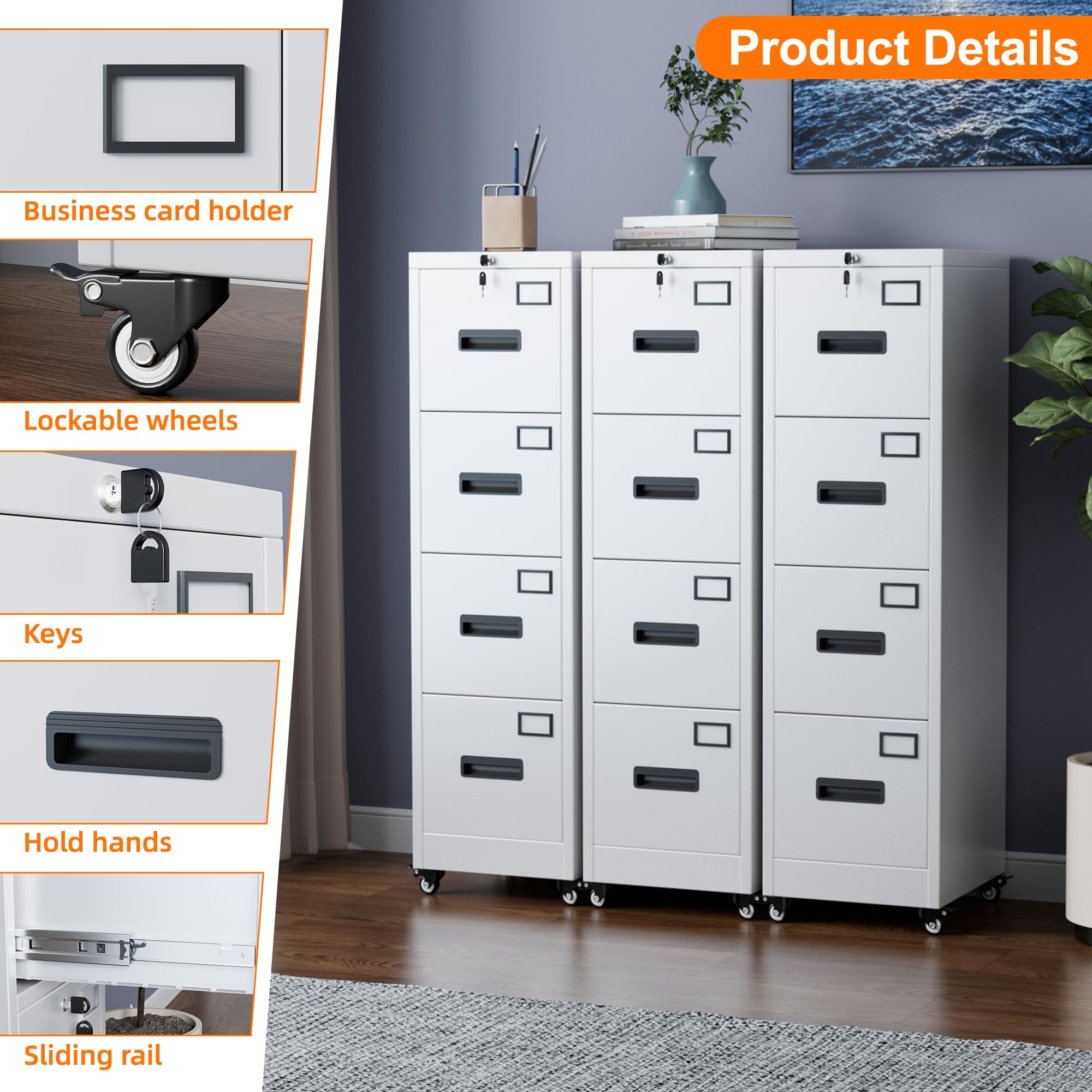 Aobabo 4 Drawer File Cabinet with Wheels,Required Assembly,White