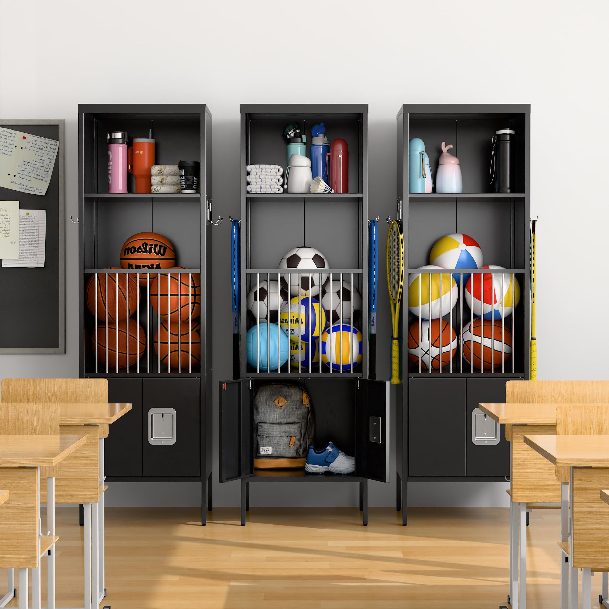 Sports Equipment Storage Lockerwith Lock Door and Hooks