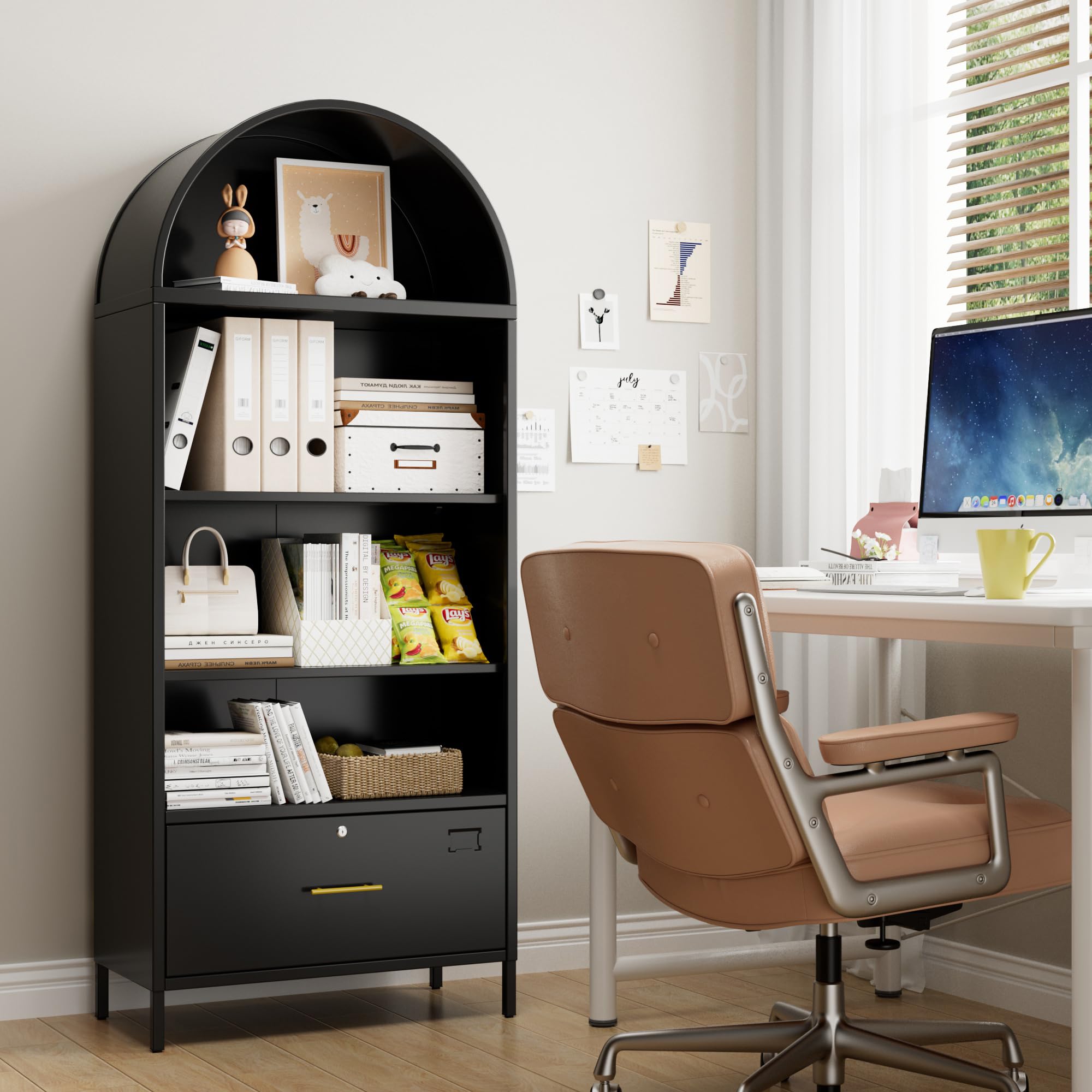 Metal Arched Storage Display Bookcase Cabinet