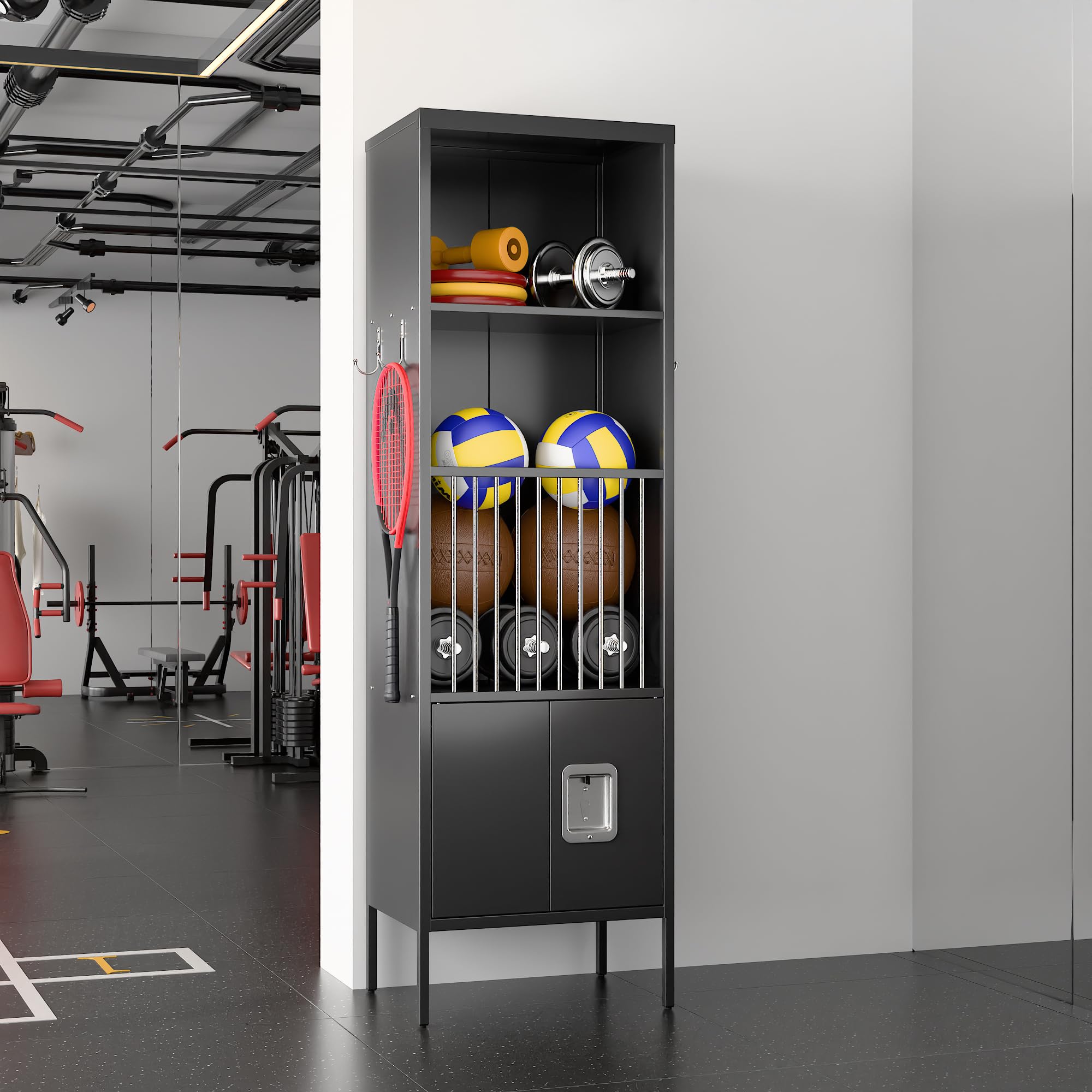 Sports Equipment Storage Lockerwith Lock Door and Hooks