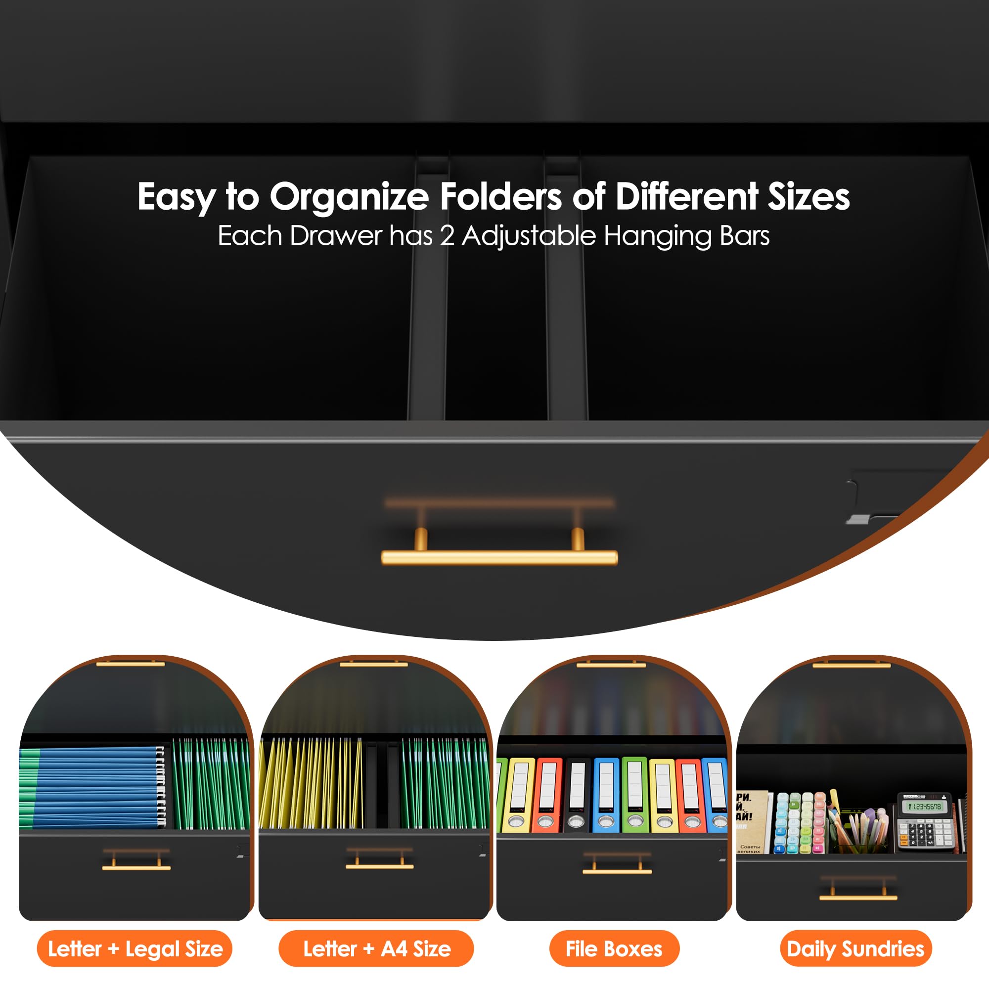 Metal 3 Drawers Lateral File Storage Cabinet and Unit Adjustable Shelf Organizer, Steel Files Cabinet with Wheels, 2 Door ,Black