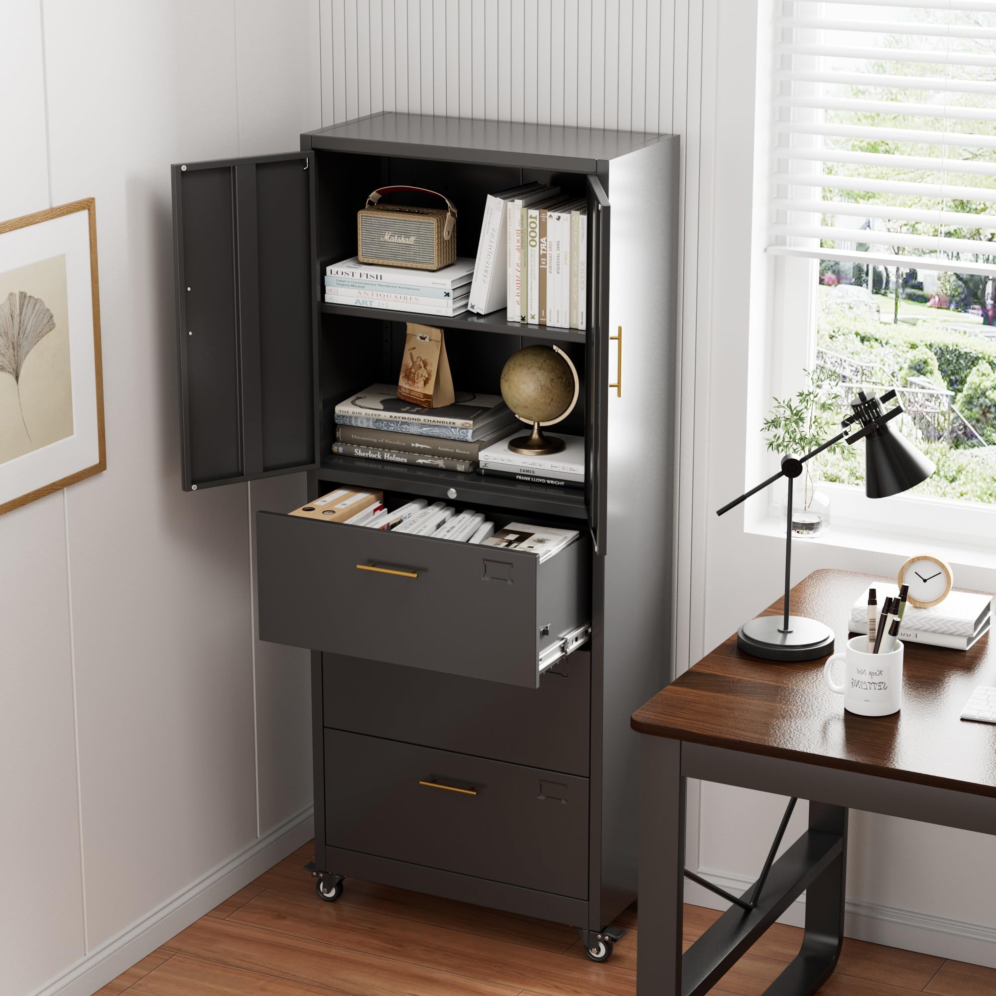 Metal 3 Drawers Lateral File Storage Cabinet and Unit Adjustable Shelf Organizer, Steel Files Cabinet with Wheels, 2 Door ,Black