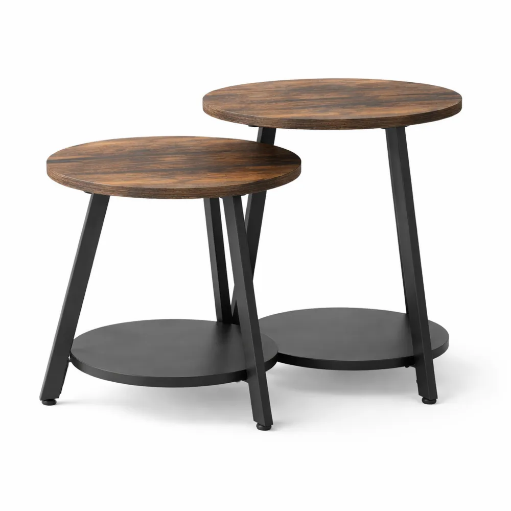 Set di 2 Tavolini da Salotto con Spazio Contenitore, Tavolino Gigogne a Forma di C per Soggiorno e Camera da Letto, Marrone Rustico-Loftxel