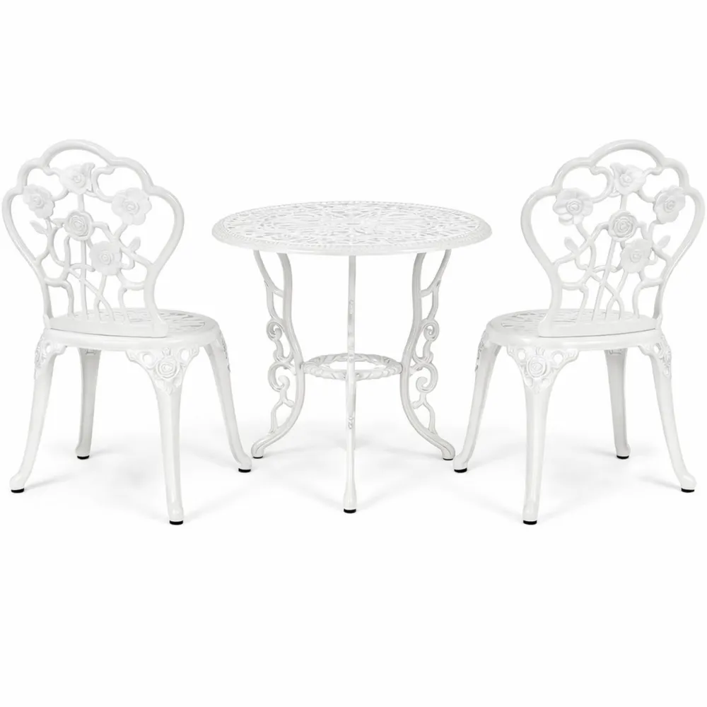 Set da Bistro da Giardino con Tavolo Rotondo e Sedie in Metallo, Capacità Tavolo 45 kg, Capacità Sedia 150 kg (Bianco)-Loftxel