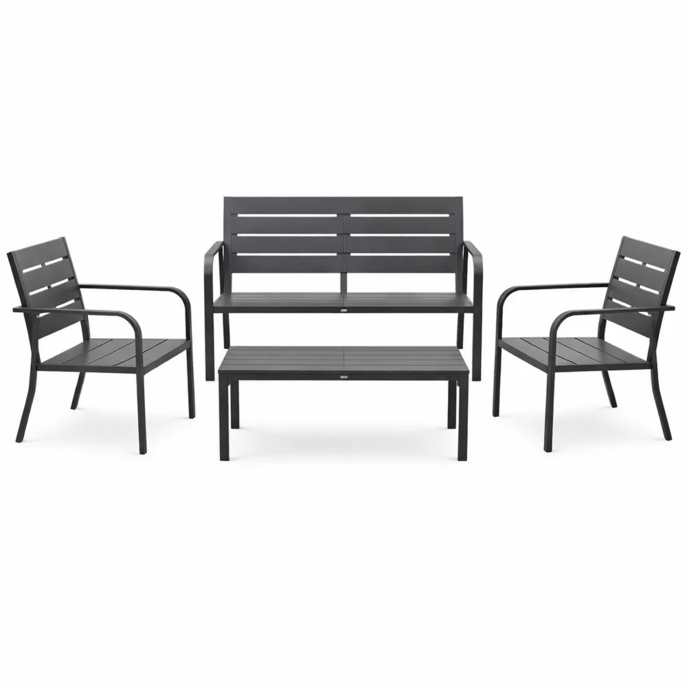 Set da Giardino 4 Pezzi con Panchina, Poltrone e Tavolino, Doghe Effetto Legno Grigio Scuro-Loftxel