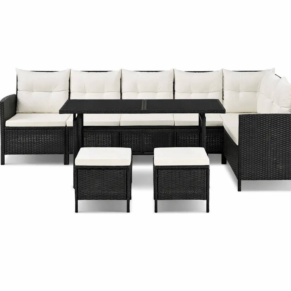 Set da Giardino in Polyrattan Nero con Divano, Tavolo e Sgabelli-Loftxel