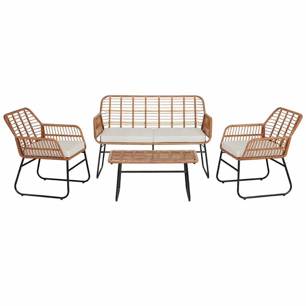 Set salotto in rattan per esterni con cuscini e tavolo, resistente all'acqua, ideale per terrazze e giardini-Loftxel