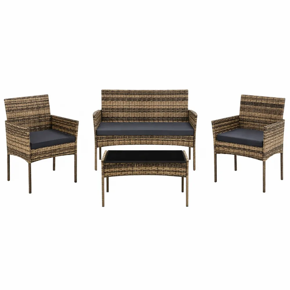 Set da Giardino in Rattan per 4 Persone con Cuscini Lavabili e Tavolino in Vetro-Loftxel