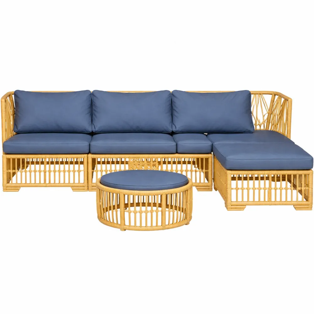Set salotto da giardino modulare in rattan 5 pezzi con cuscini e tavolino in vetro-Loftxel