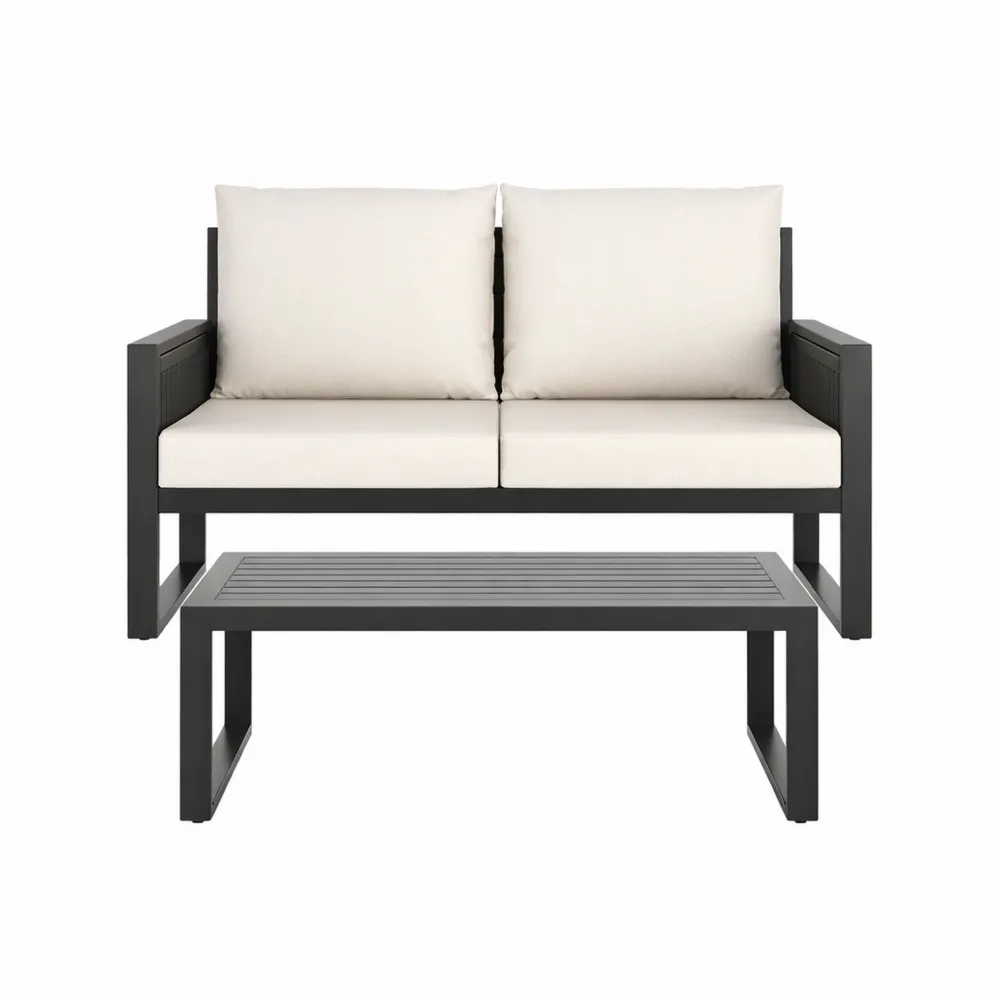 Set da Giardino con Divano 2 Posti e Tavolo Regolabile, Telaio in Alluminio Antiruggine, Cuscini Spessi, Design a Corda-Loftxel