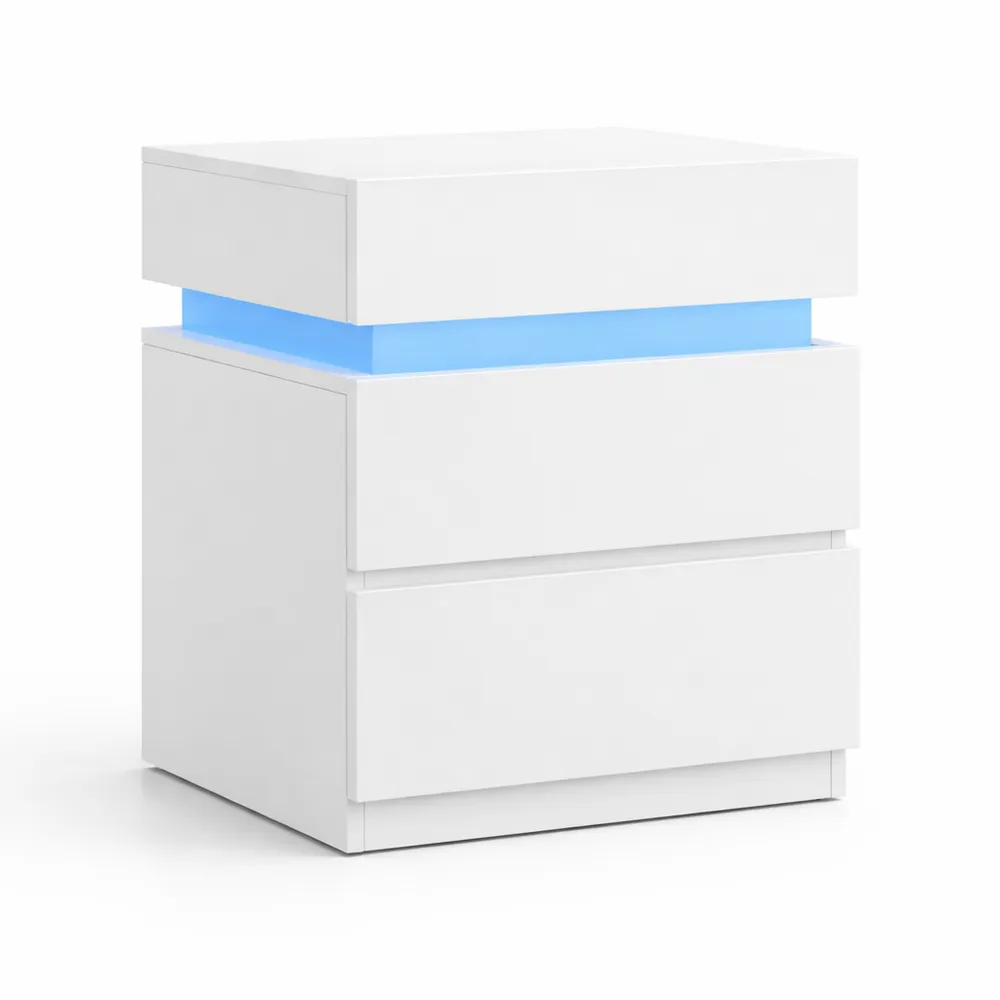 Comodino Moderno con LED Multicolore, 3 Cassetti, 35 x 40 x 55 cm, Bianco
