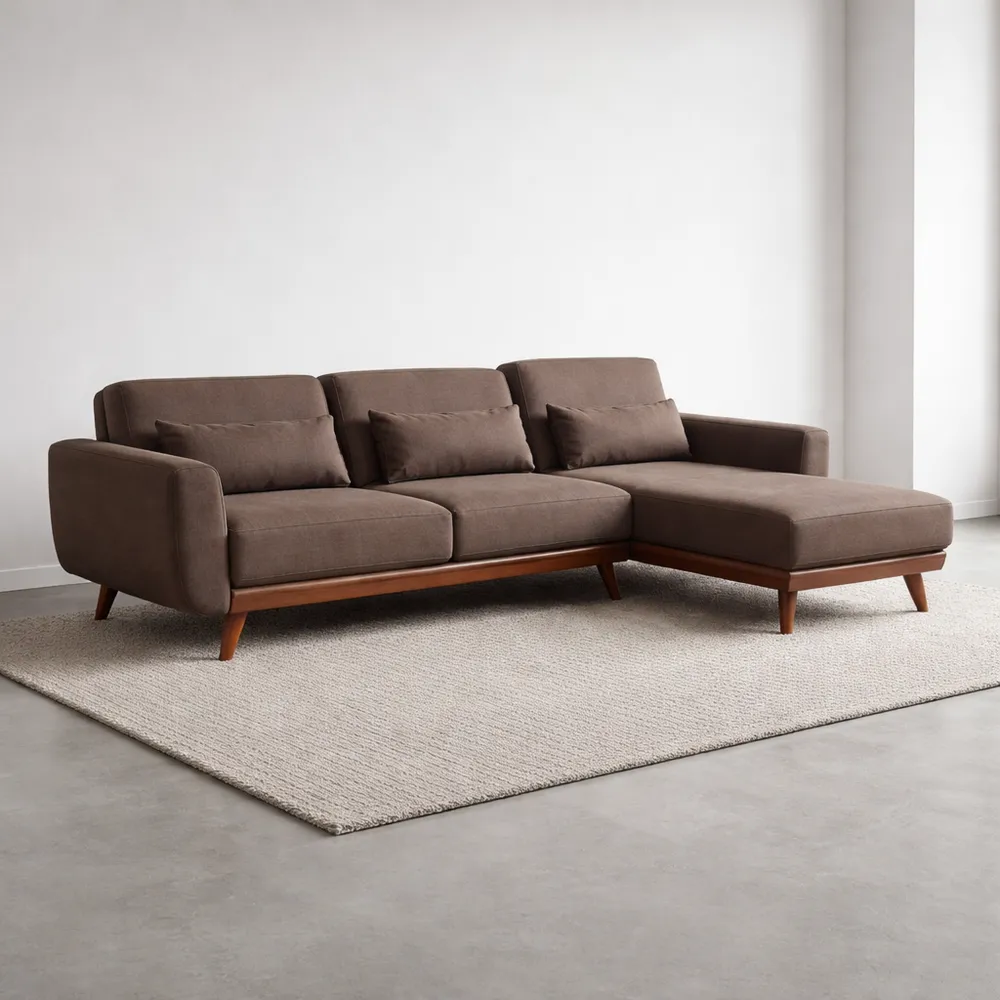 Divano angolare a L con penisola in tessuto marrone a 3 posti