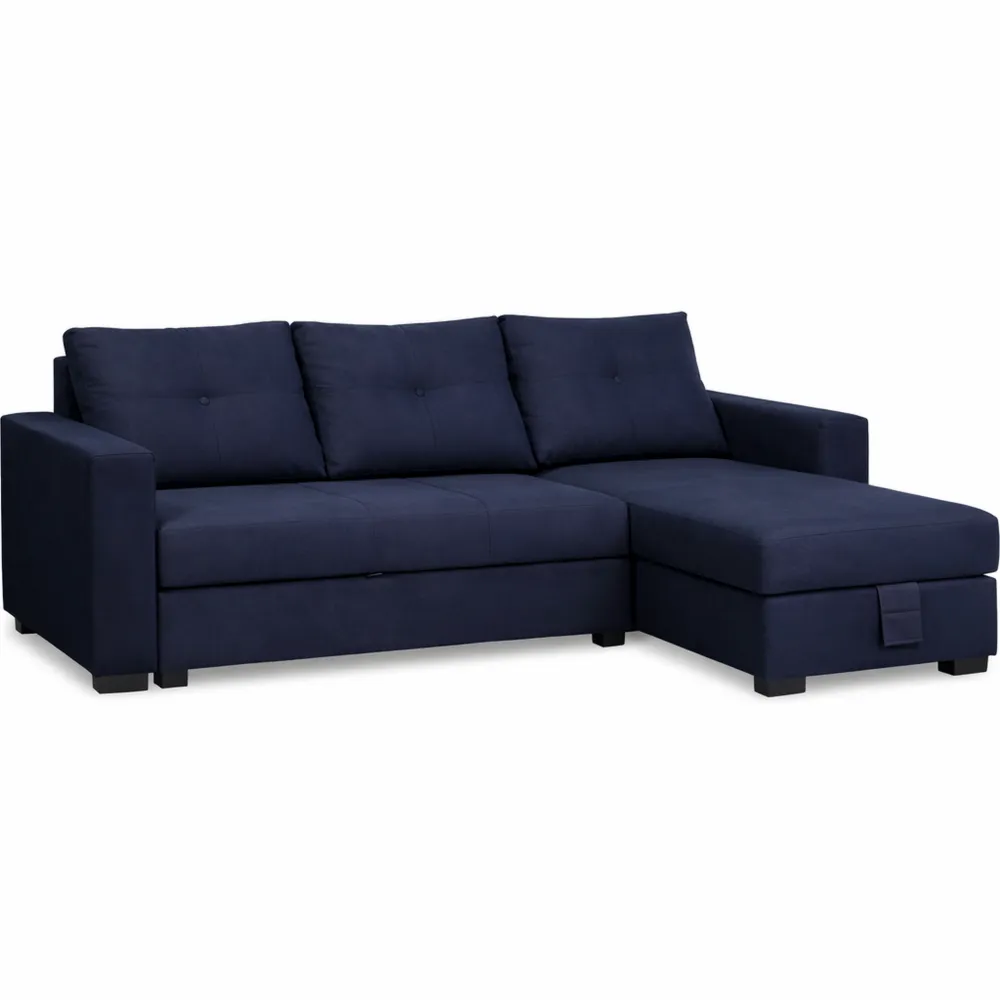 Divano angolare 3 posti con contenitore e braccioli in tessuto imbottito blu