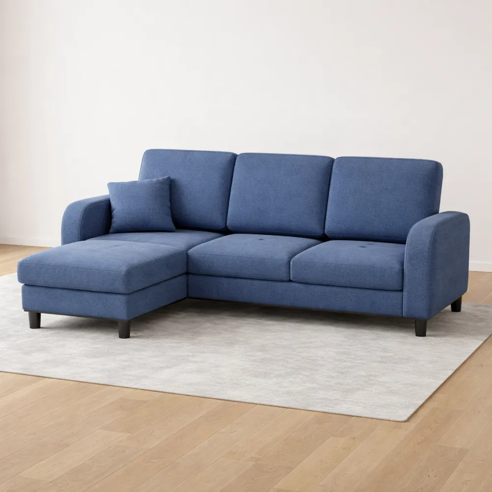 Divano ad angolo con chaise longue, 3 posti, tessuto a coste, design modulare, ideale per soggiorno e ufficio, colore blu