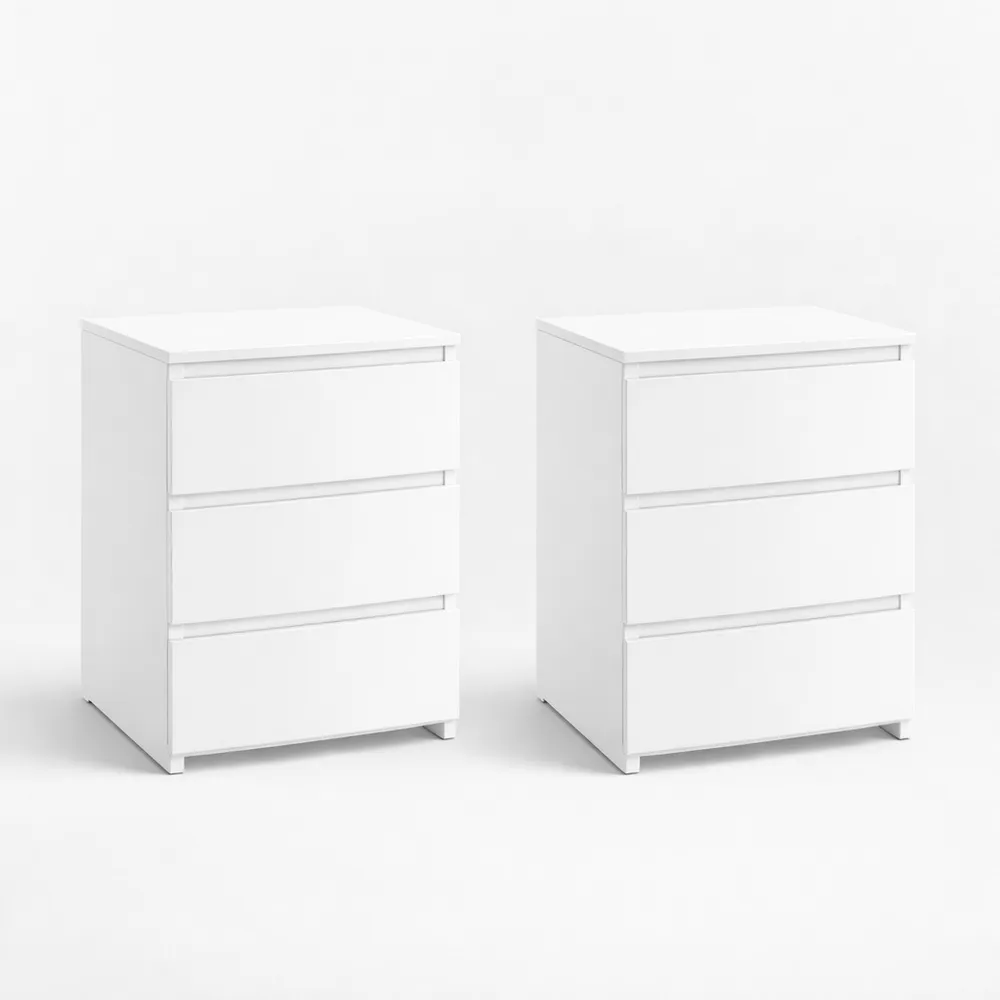 Set di 2 comodini moderni con 3 cassetti in legno bianco
