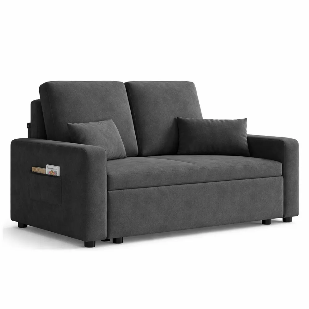 Divano Letto 2 Posti in Ciniglia con Cuscini e Tasche Laterali