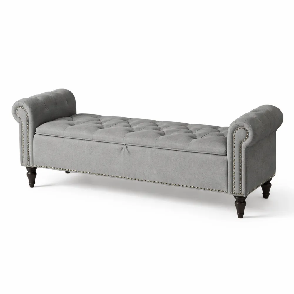 Cassapanca Contenitore Lino 160cm con Braccioli Arrotolati, Grigio Chiaro