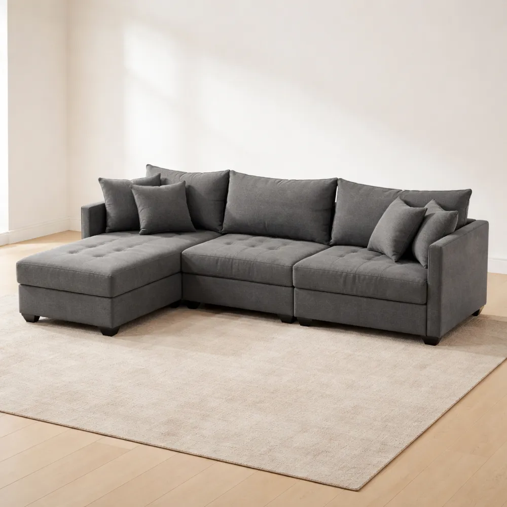 Divano angolare moderno 5 posti con tessuto rigato, componibile e modulare, 220x194x85 cm, cotone e lino, design versatile per soggiorno