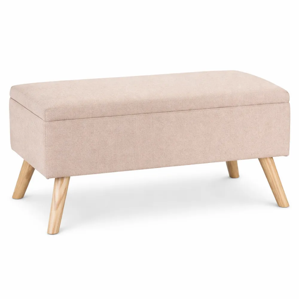 Panca con Contenitore Imbottita, Gambe in Legno, Beige