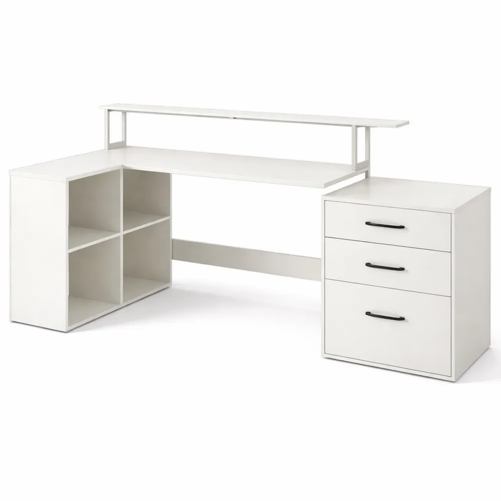 Scrivania Angolare Salvaspazio con Prese di Alimentazione e Cassetto